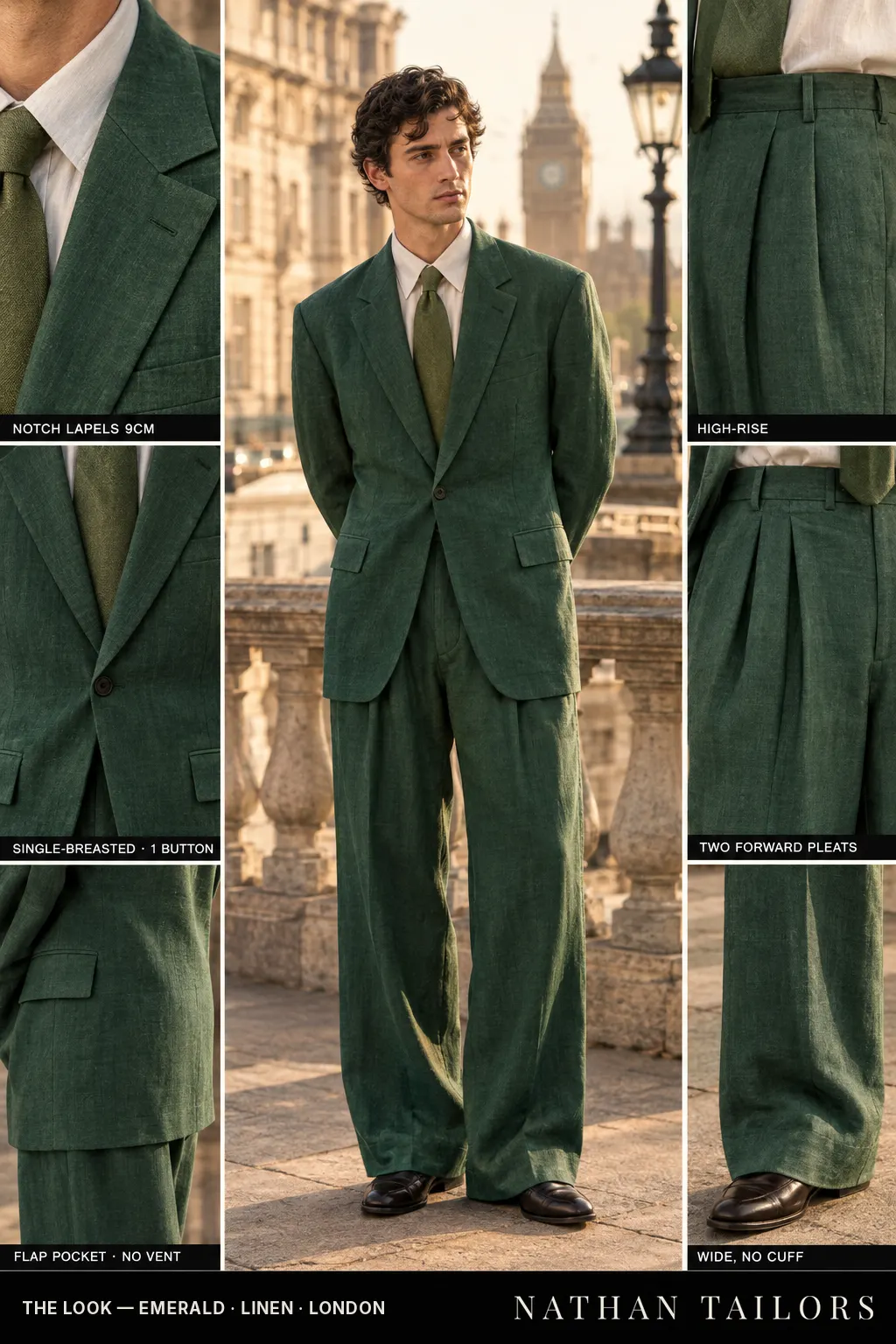 emerald single-breasted bespoke suit — custom tailored by Nathan Tailors, the Hoi An custom tailor