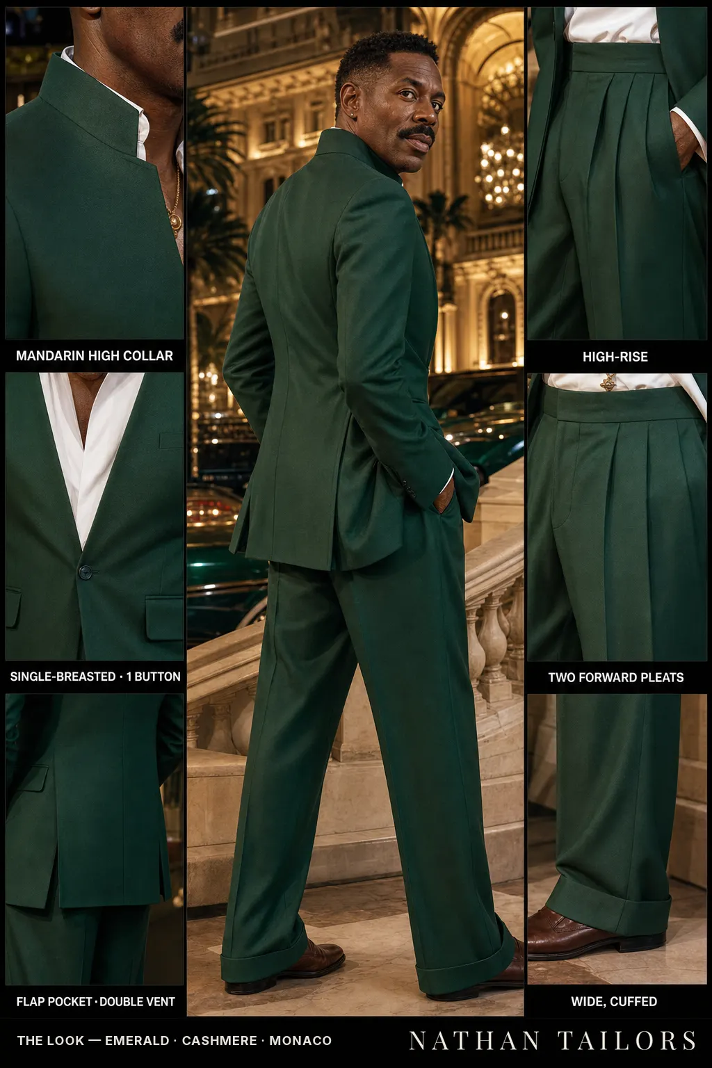 emerald single-breasted notch-lapel bespoke suit โ AI-rendered by Nathan Tailors, the Hoi An custom tailor. Available as a custom tailored suit from $149.