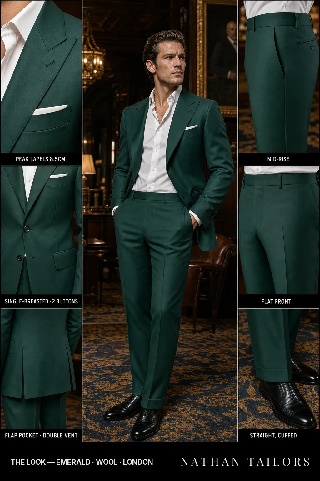 emerald single-breasted peak-lapel bespoke suit โ AI-rendered by Nathan Tailors, the Hoi An custom tailor. Available as a custom tailored suit from $149.