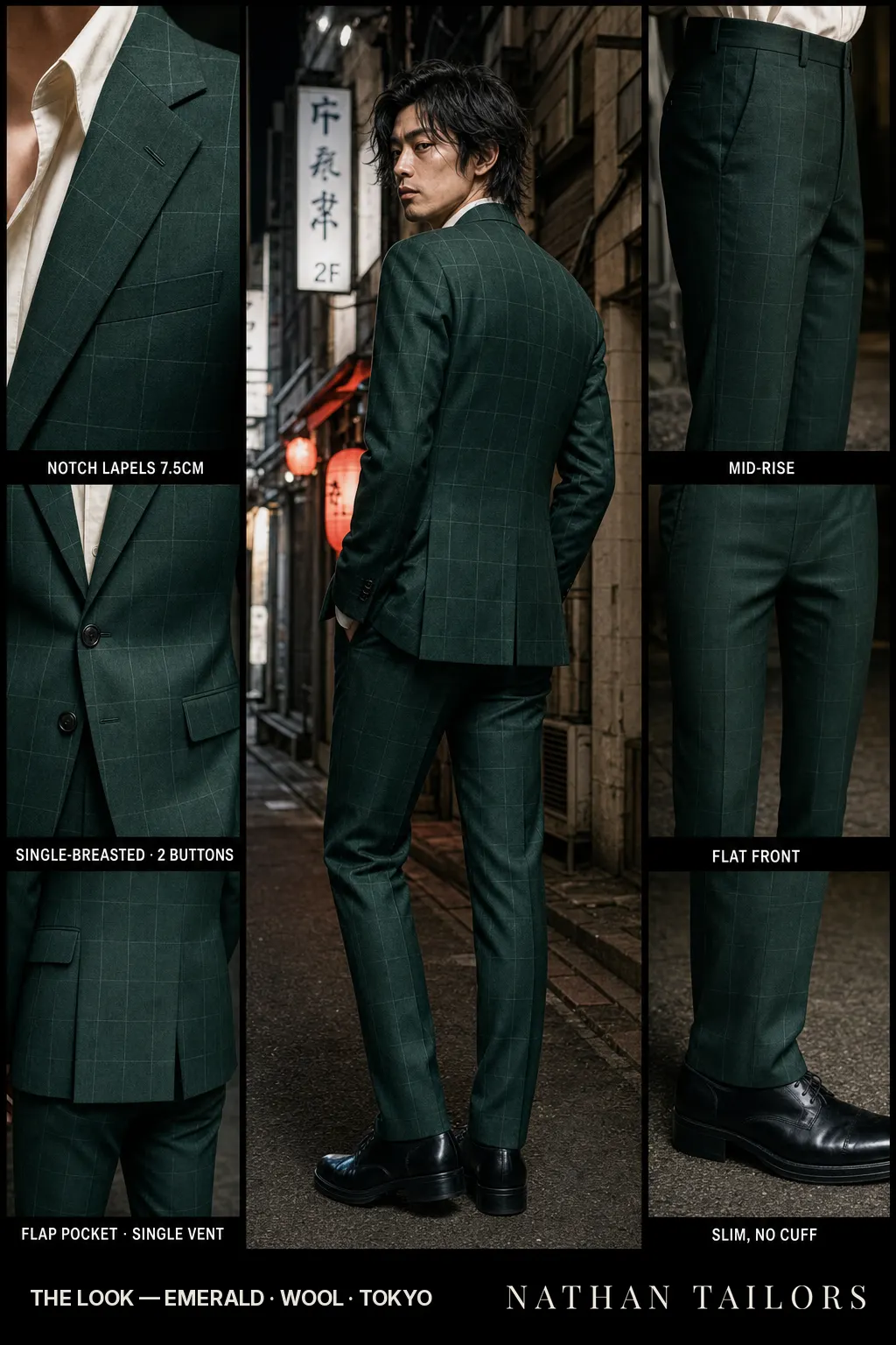 emerald windowpane single-breasted bespoke suit — custom tailored by Nathan Tailors, the Hoi An custom tailor