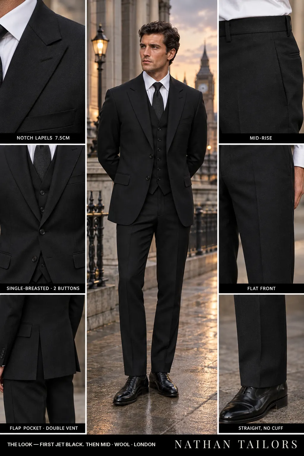 First Jet Black. Then mid single-breasted bespoke suit — custom tailored by Nathan Tailors, the Hoi An custom tailor