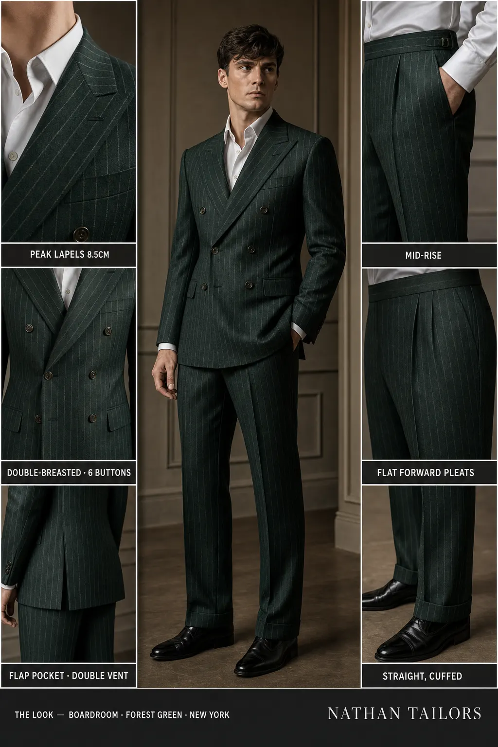 forest green chalk stripe double-breasted peak-lapel bespoke suit โ AI-rendered by Nathan Tailors, the Hoi An custom tailor. Available as a custom tailored suit from $149.