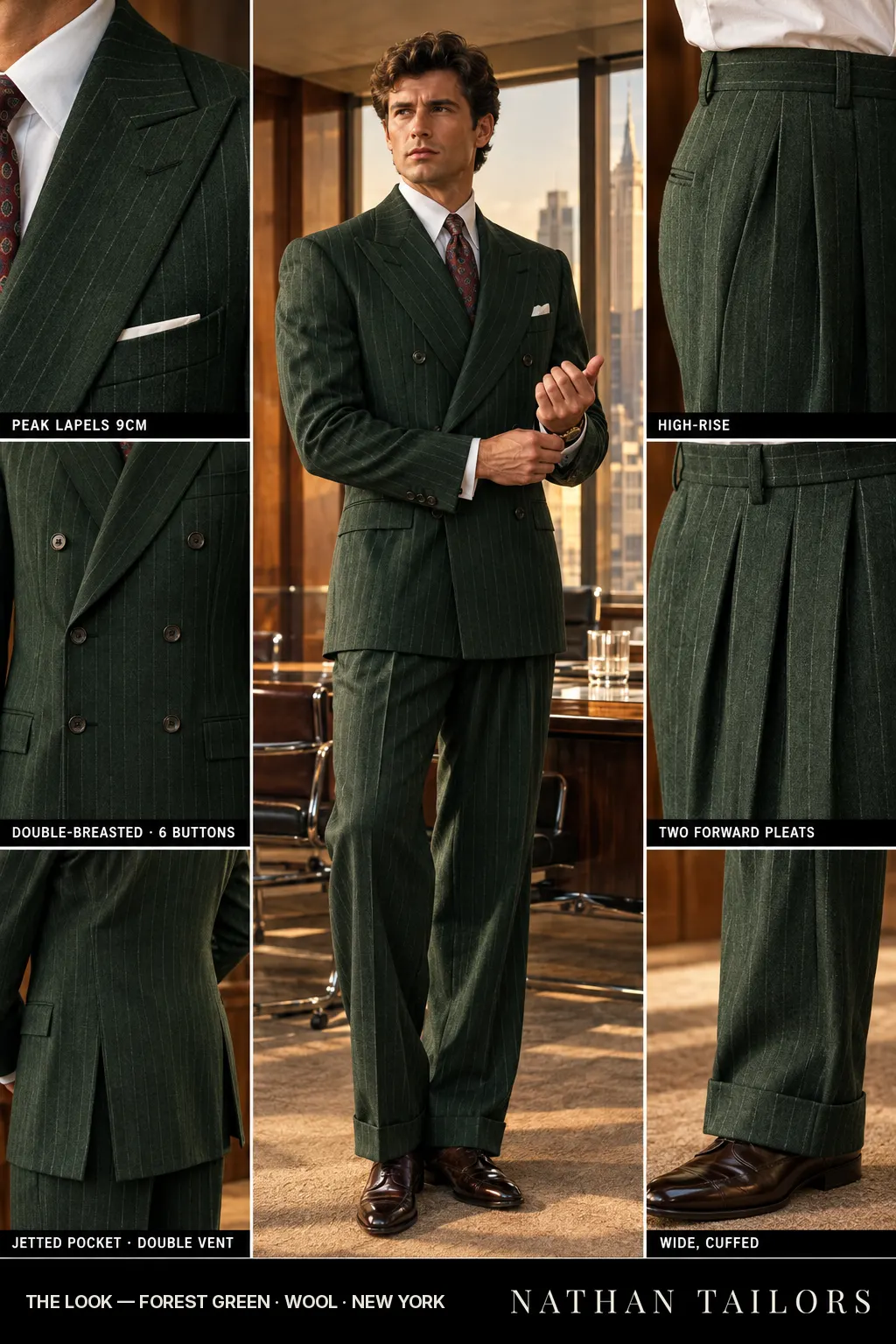 forest green chalk_stripe double-breasted bespoke suit โ custom tailored by Nathan Tailors, the Hoi An custom tailor