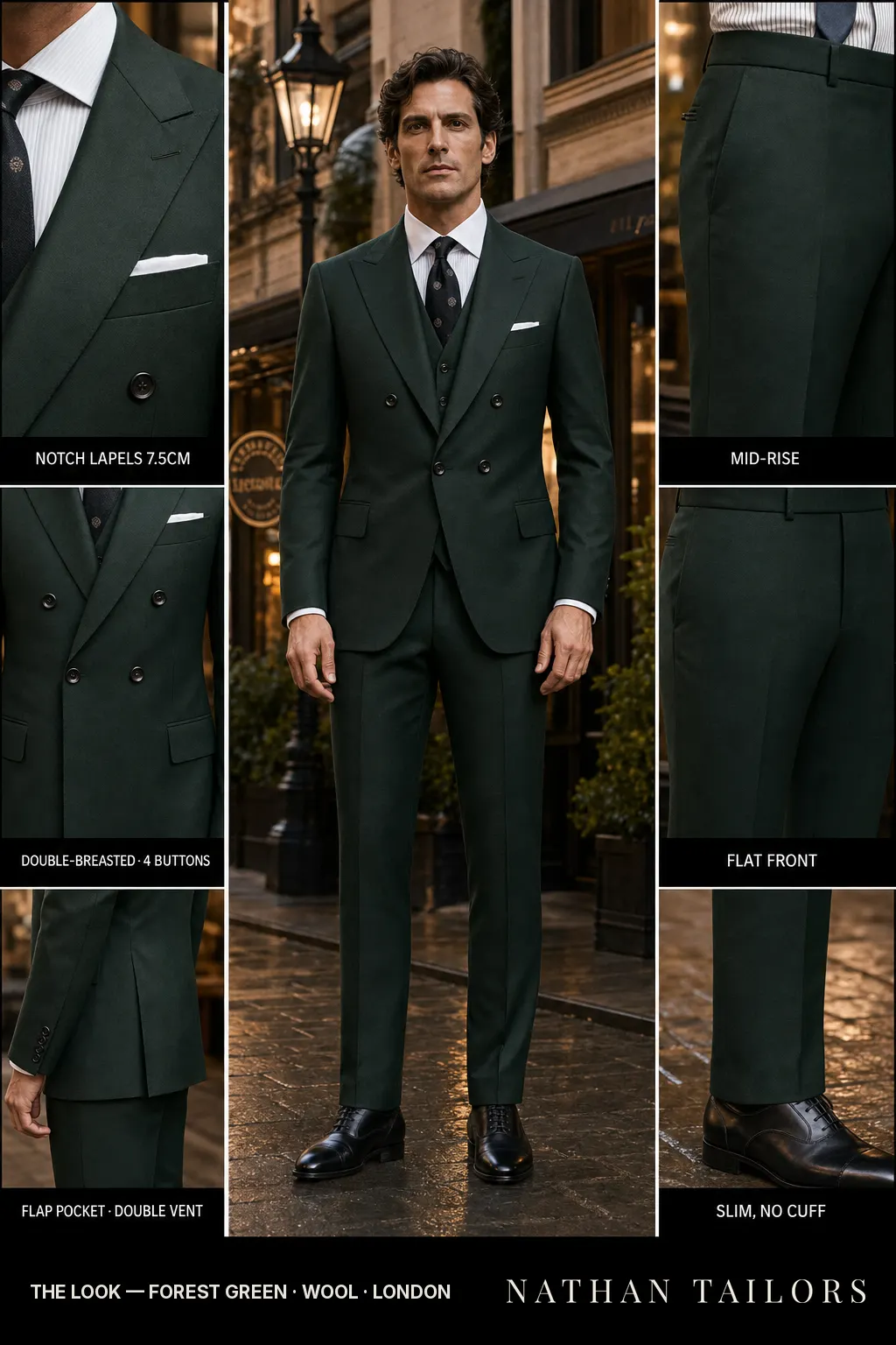 forest green double-breasted notch-lapel bespoke suit โ AI-rendered by Nathan Tailors, the Hoi An custom tailor. Available as a custom tailored suit from $149.