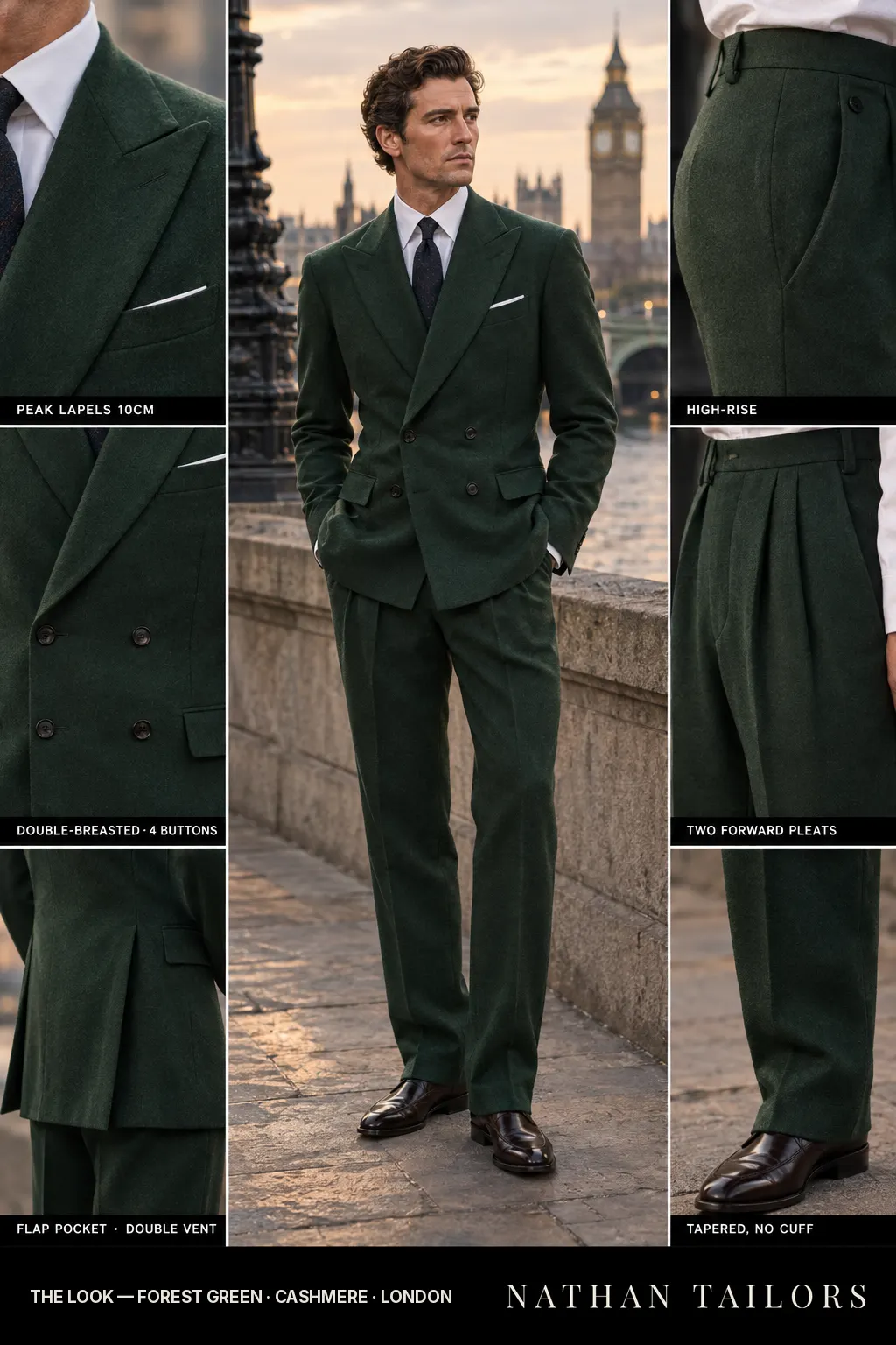 forest green double-breasted peak-lapel bespoke suit — AI-rendered by Nathan Tailors, the Hoi An custom tailor. Available as a custom tailored suit from $149.