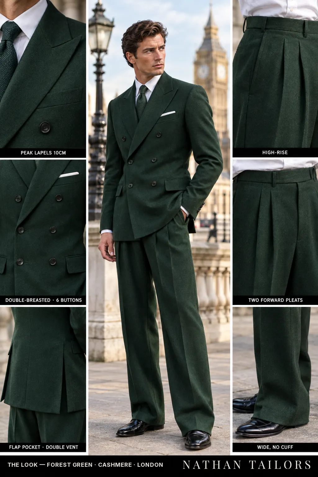 forest green double-breasted peak-lapel bespoke suit — AI-rendered by Nathan Tailors, the Hoi An custom tailor. Available as a custom tailored suit from $149.