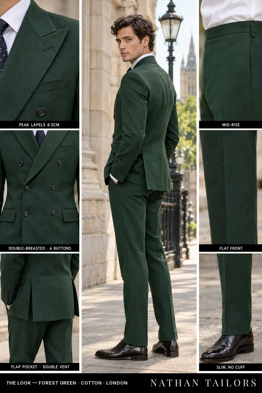 forest green double-breasted bespoke suit โ custom tailored by Nathan Tailors, the Hoi An custom tailor