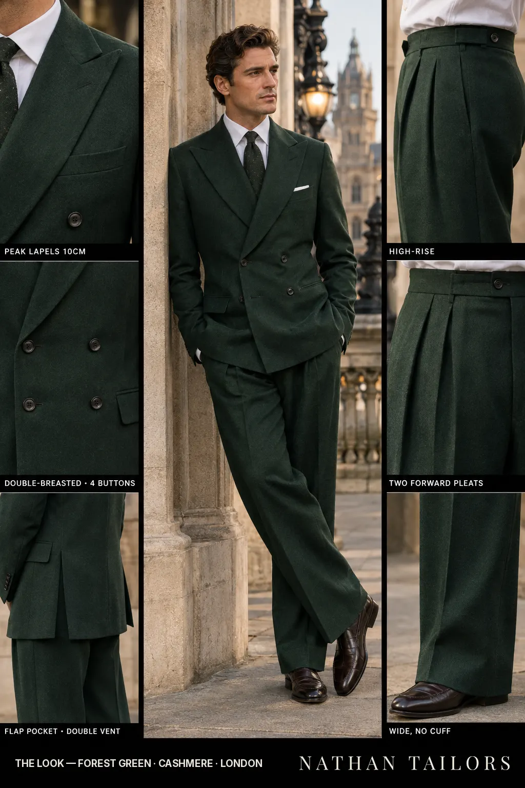 forest green double-breasted bespoke suit โ custom tailored by Nathan Tailors, the Hoi An custom tailor