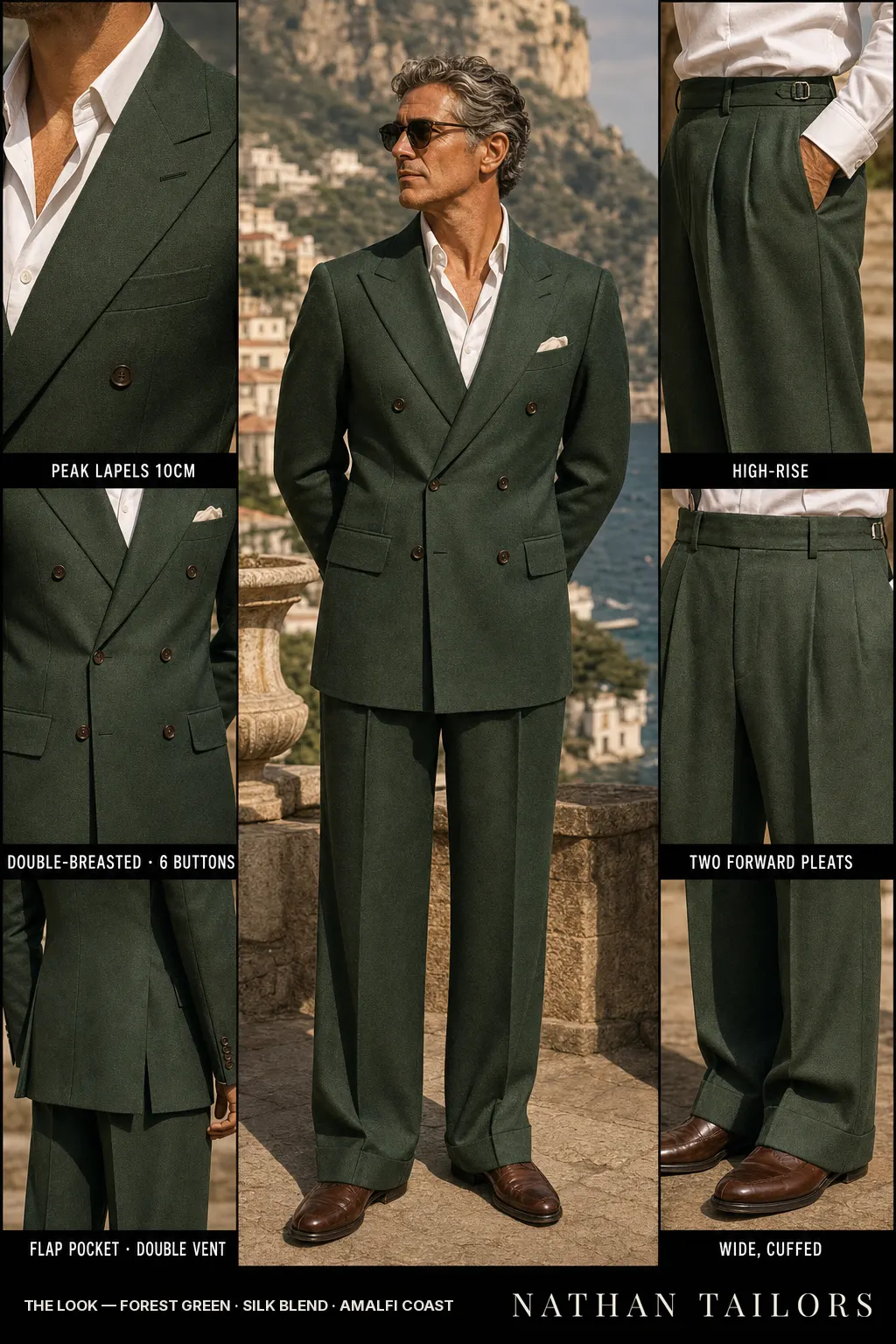 forest green double-breasted peak-lapel bespoke suit — AI-rendered by Nathan Tailors, the Hoi An custom tailor. Available as a custom tailored suit from $149.