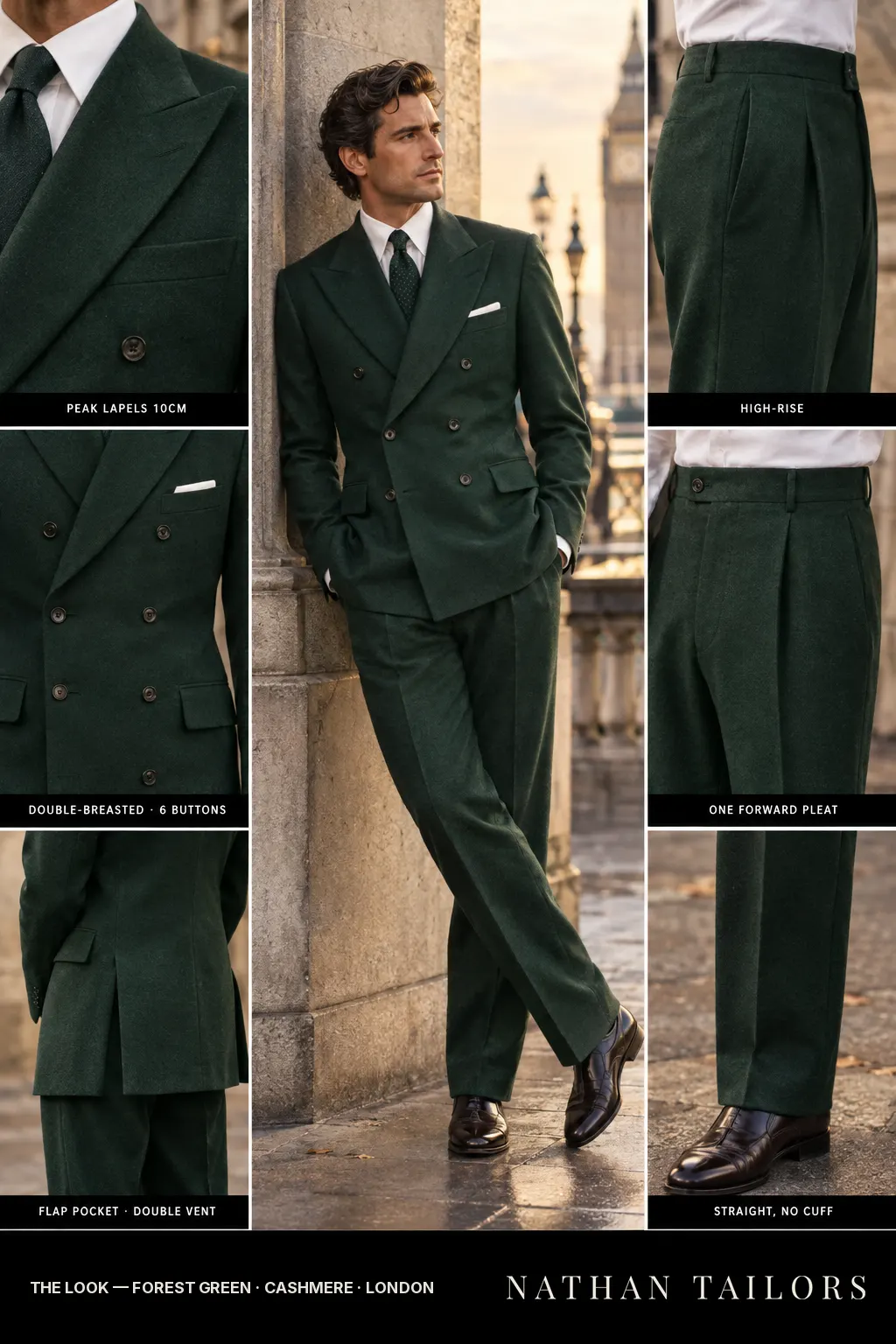 forest green double-breasted bespoke suit โ custom tailored by Nathan Tailors, the Hoi An custom tailor