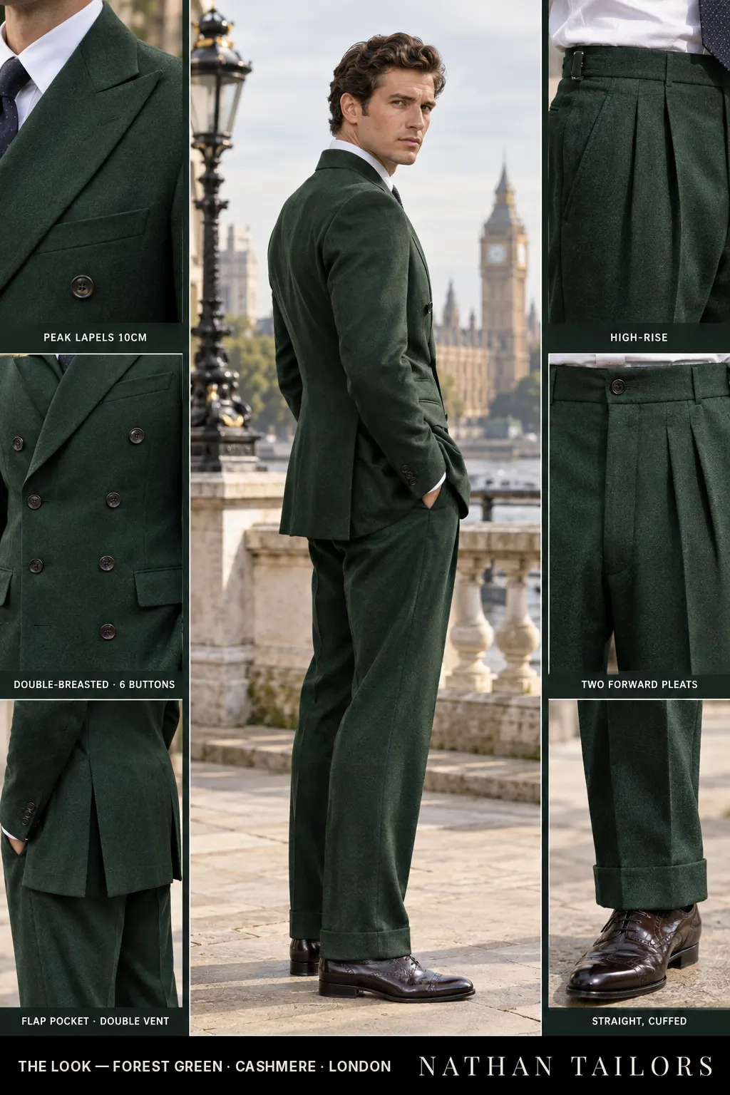 forest green double-breasted peak-lapel bespoke suit โ AI-rendered by Nathan Tailors, the Hoi An custom tailor. Available as a custom tailored suit from $149.