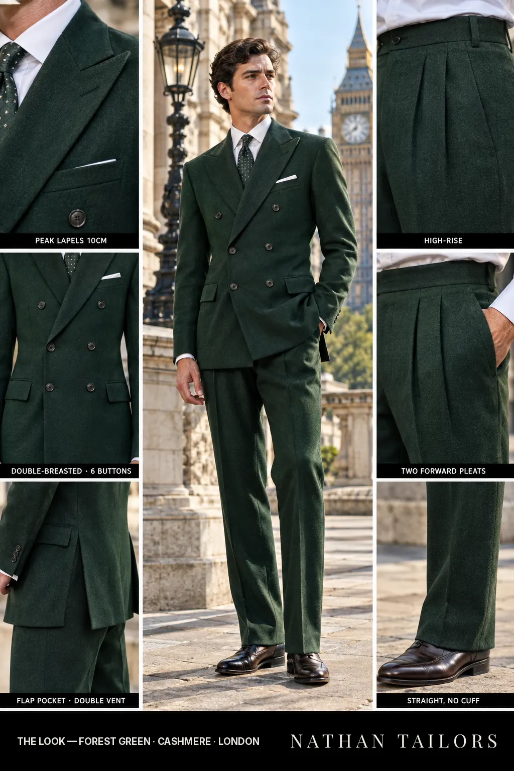 forest green double-breasted bespoke suit โ custom tailored by Nathan Tailors, the Hoi An custom tailor