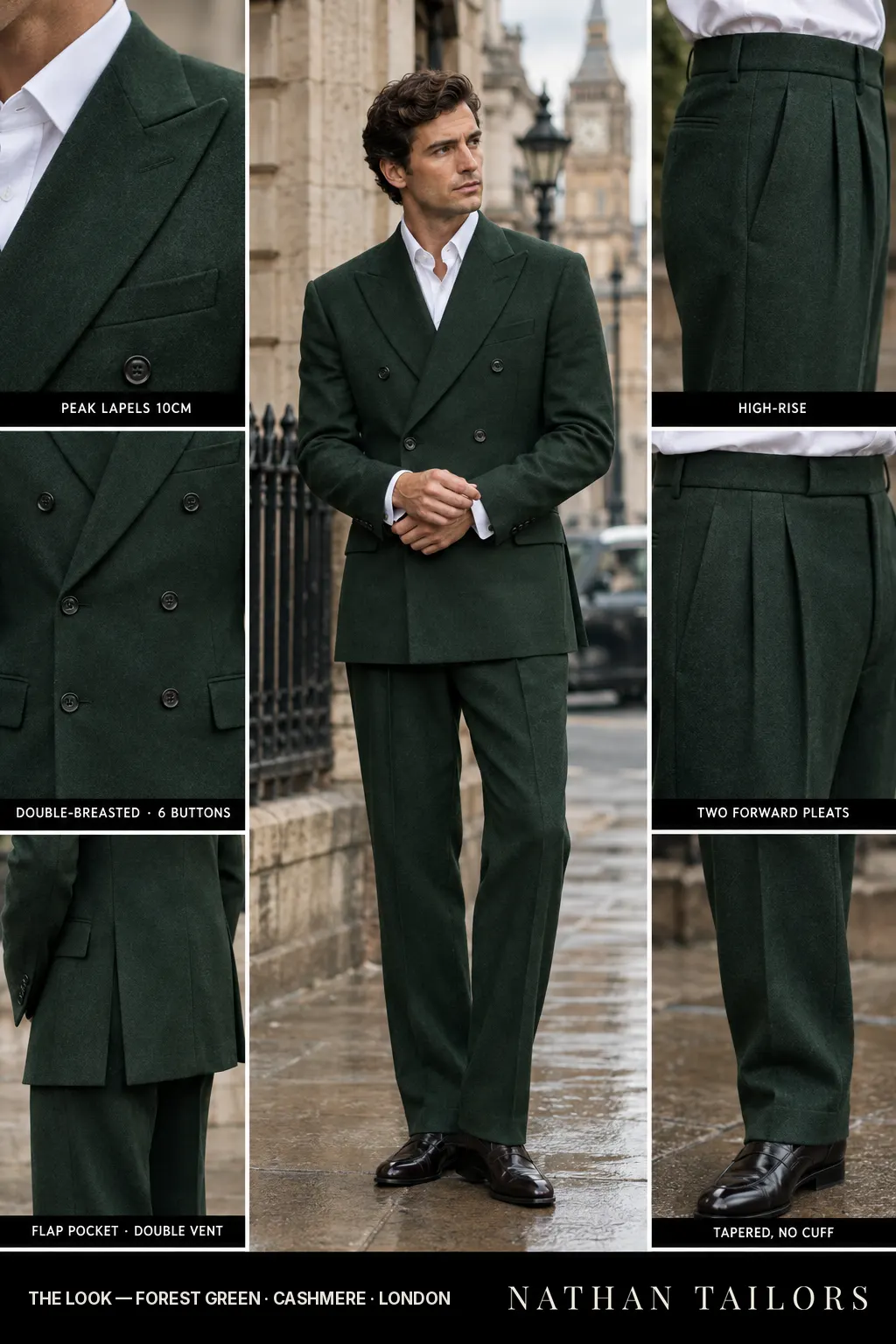 forest green double-breasted peak-lapel bespoke suit โ AI-rendered by Nathan Tailors, the Hoi An custom tailor. Available as a custom tailored suit from $149.