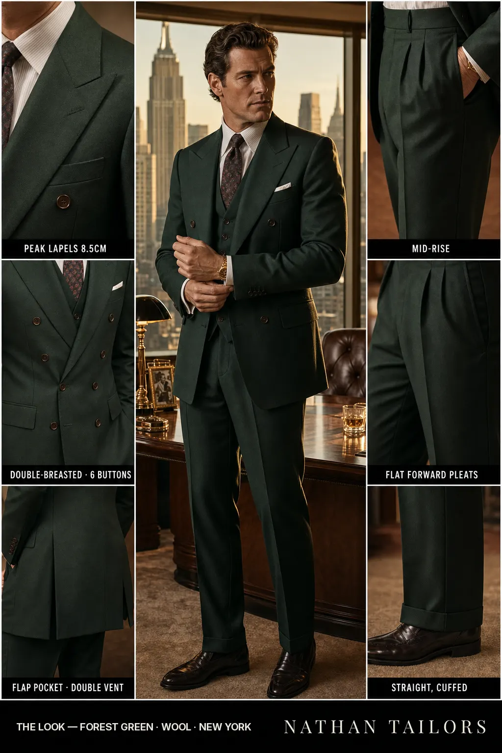 forest green double-breasted peak-lapel bespoke suit โ AI-rendered by Nathan Tailors, the Hoi An custom tailor. Available as a custom tailored suit from $149.