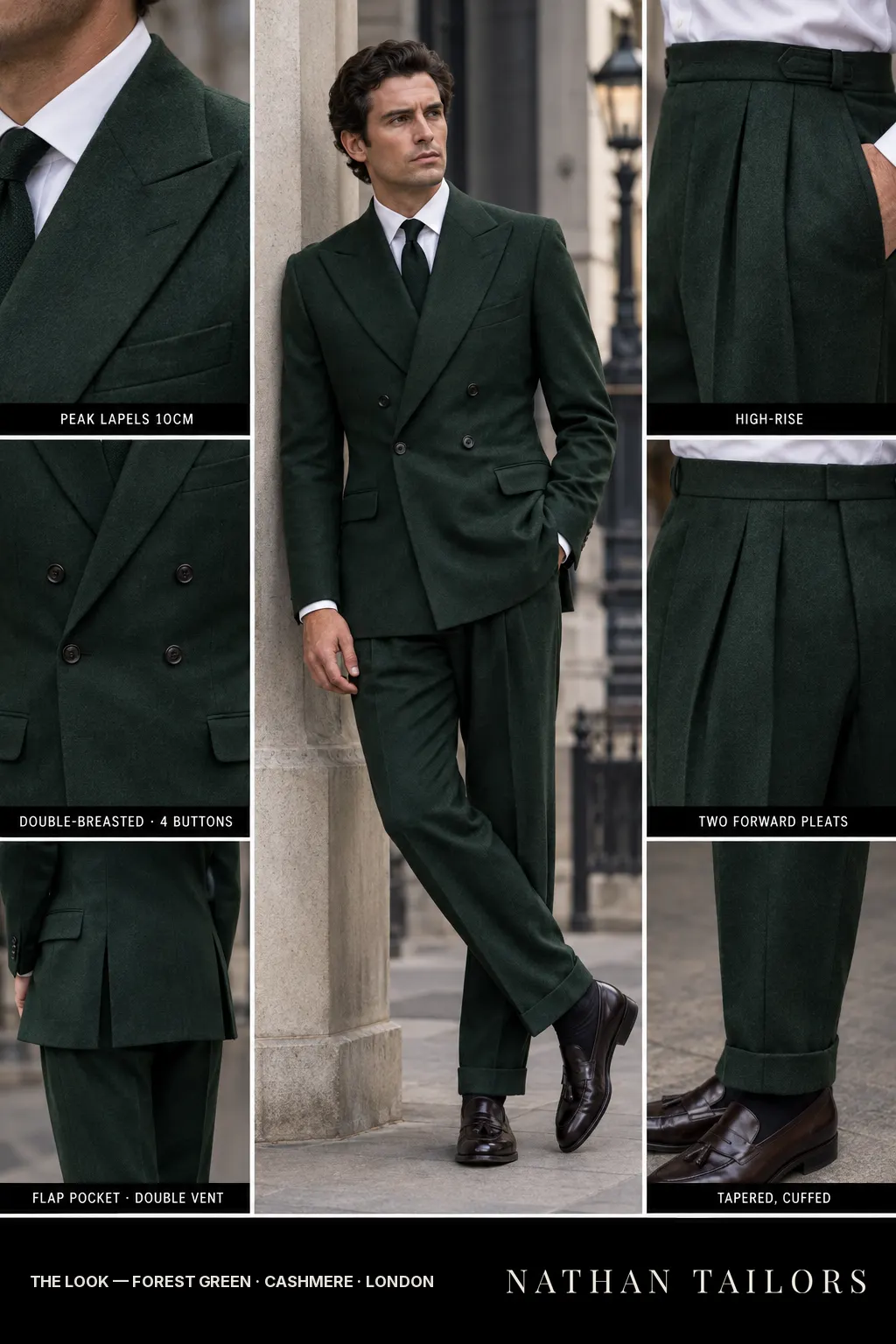 forest green double-breasted peak-lapel bespoke suit โ AI-rendered by Nathan Tailors, the Hoi An custom tailor. Available as a custom tailored suit from $149.