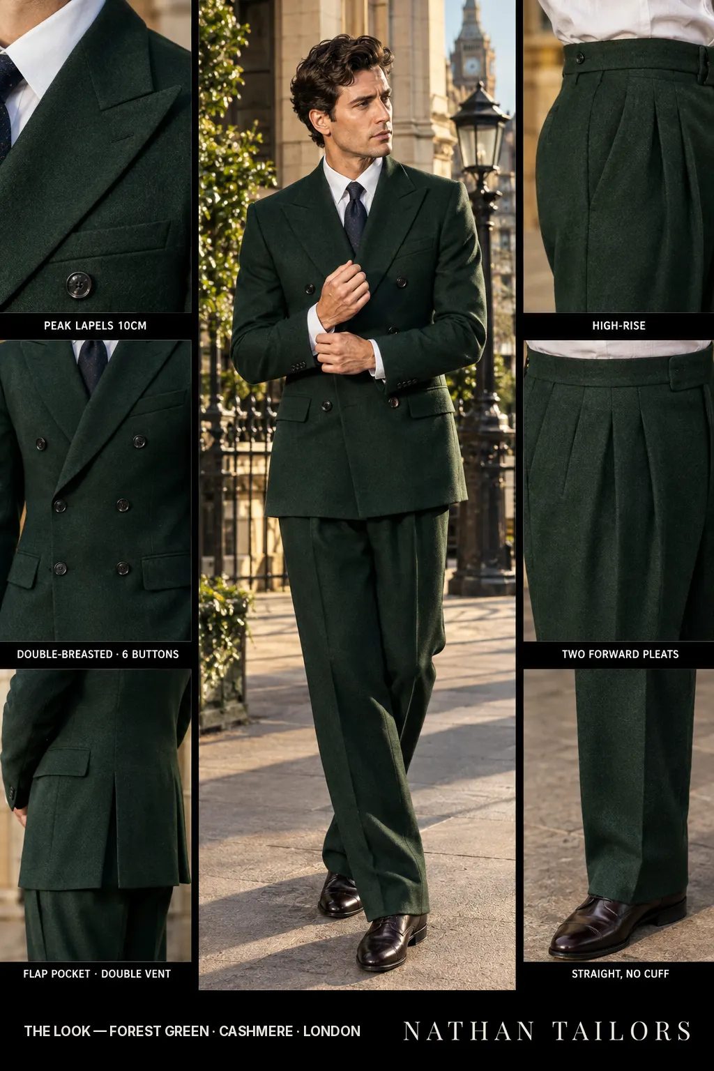 forest green double-breasted bespoke suit — custom tailored by Nathan Tailors, the Hoi An custom tailor