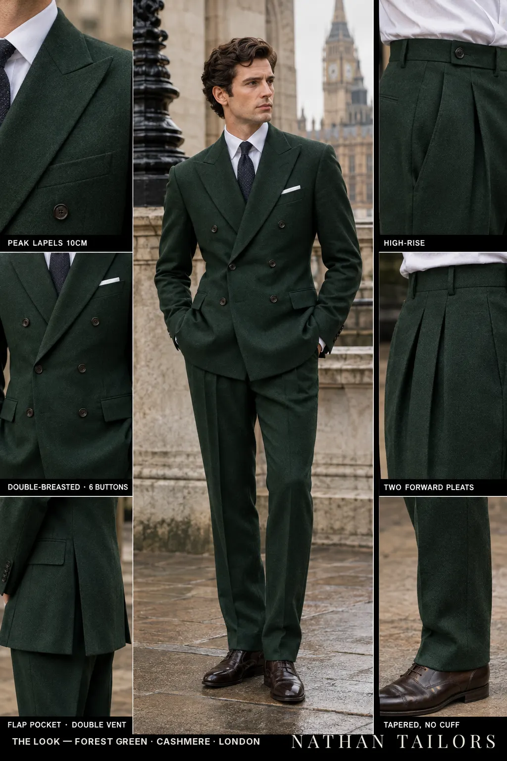 forest green double-breasted peak-lapel bespoke suit — AI-rendered by Nathan Tailors, the Hoi An custom tailor. Available as a custom tailored suit from $149.