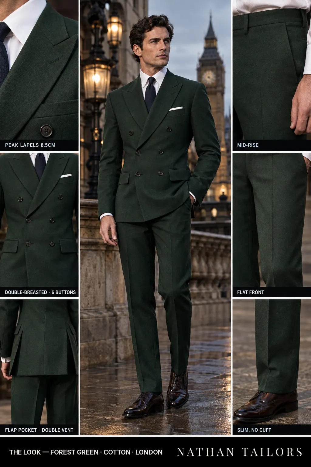 forest green double-breasted bespoke suit โ custom tailored by Nathan Tailors, the Hoi An custom tailor