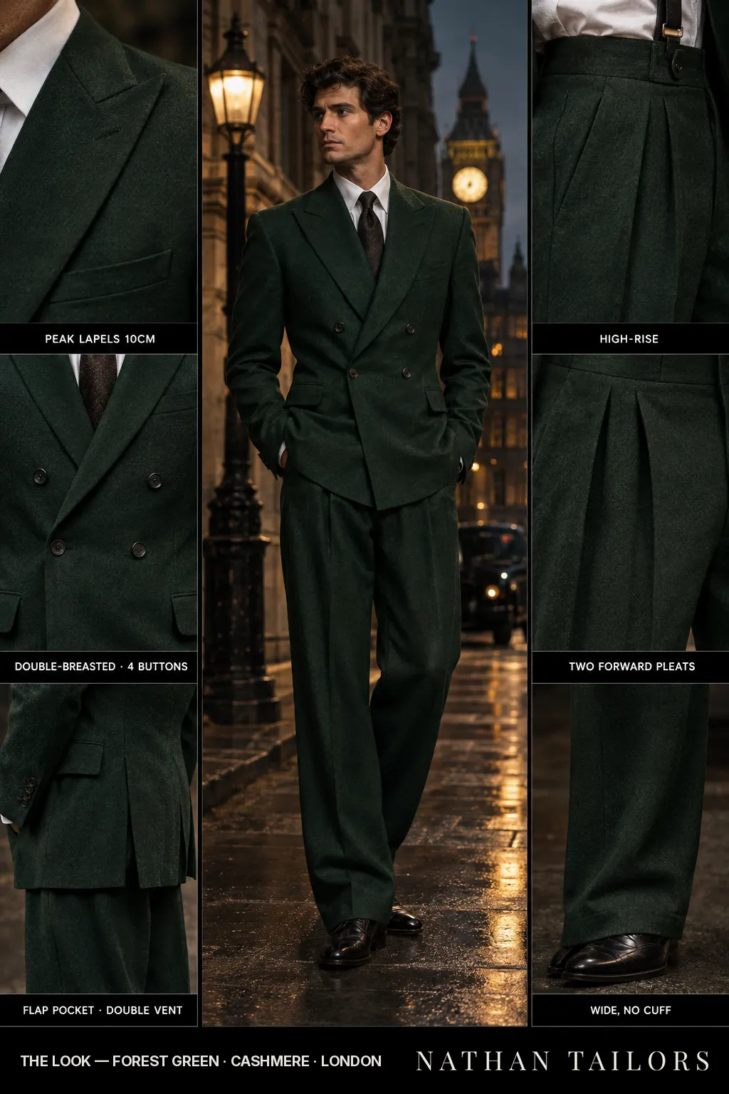 forest green double-breasted bespoke suit โ custom tailored by Nathan Tailors, the Hoi An custom tailor