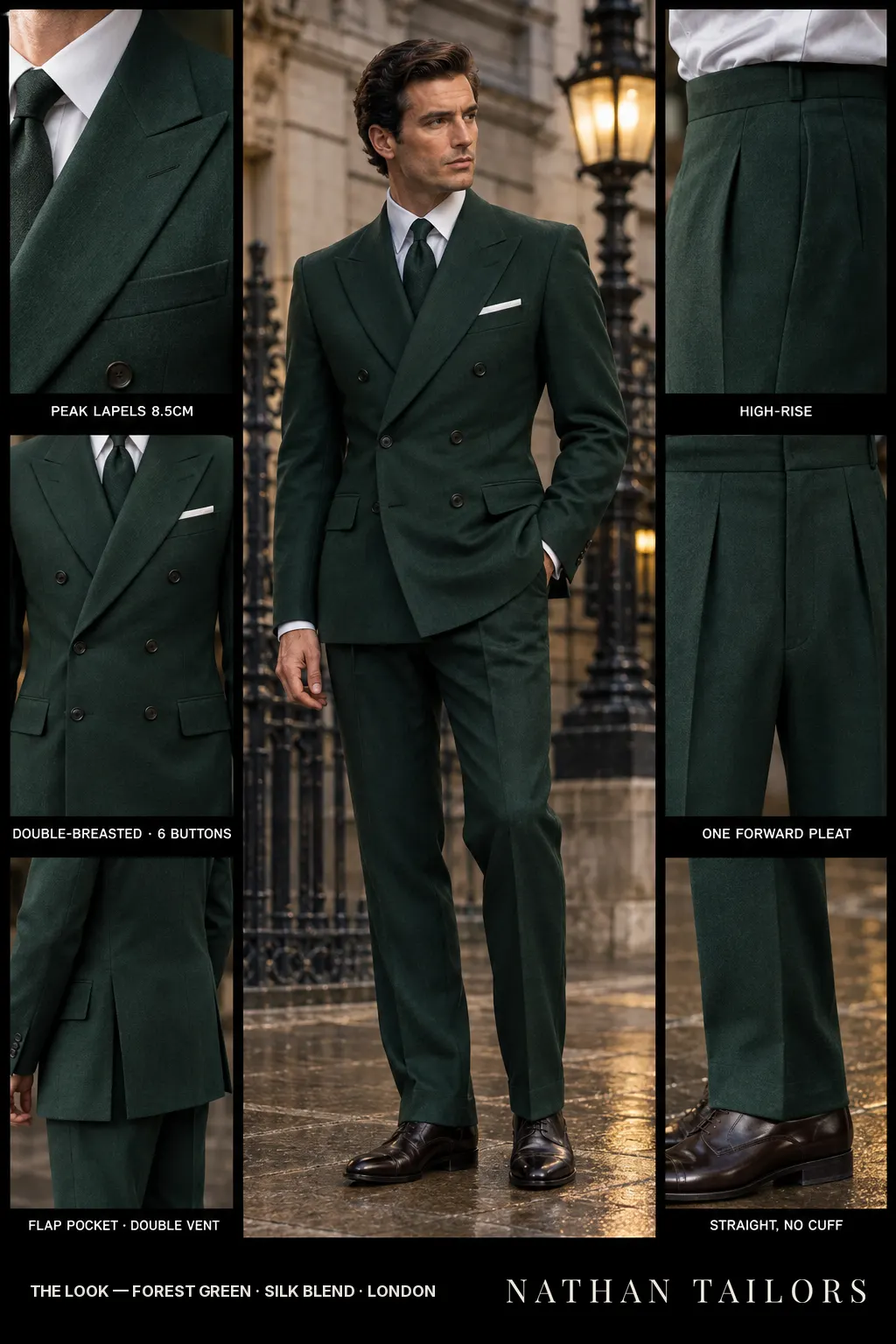 forest green double-breasted bespoke suit โ custom tailored by Nathan Tailors, the Hoi An custom tailor
