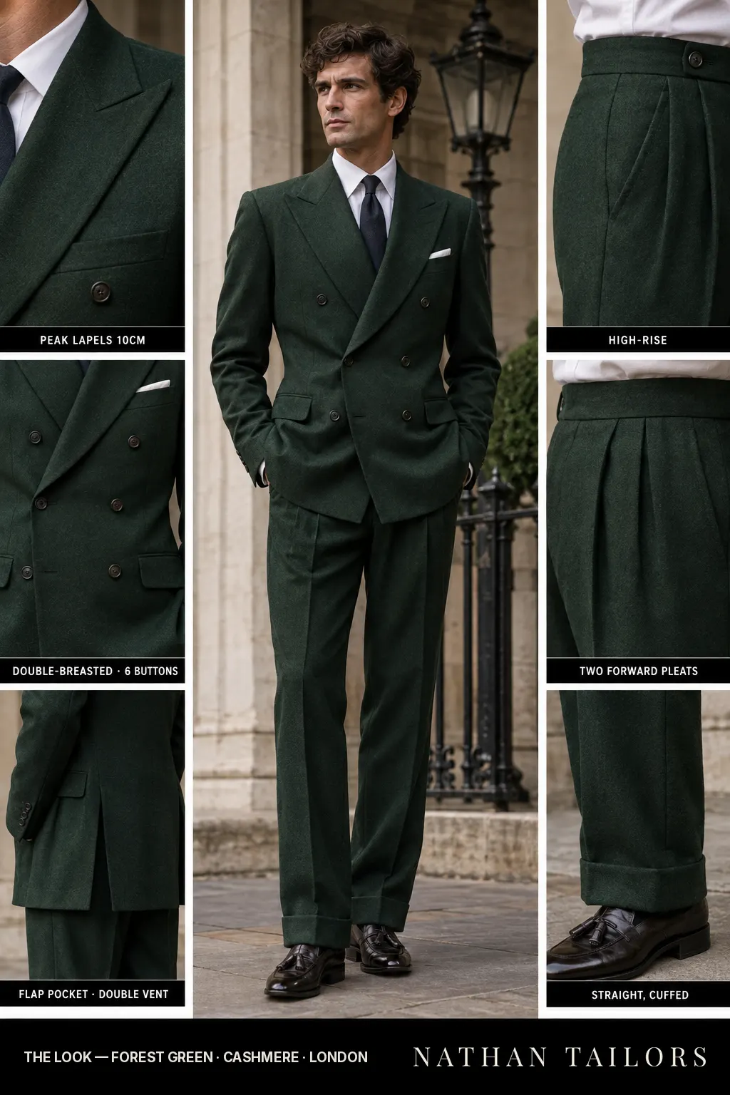 forest green double-breasted bespoke suit — custom tailored by Nathan Tailors, the Hoi An custom tailor