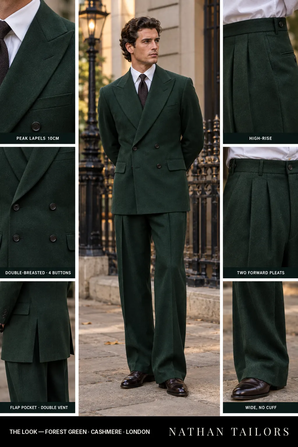 forest green double-breasted bespoke suit โ custom tailored by Nathan Tailors, the Hoi An custom tailor