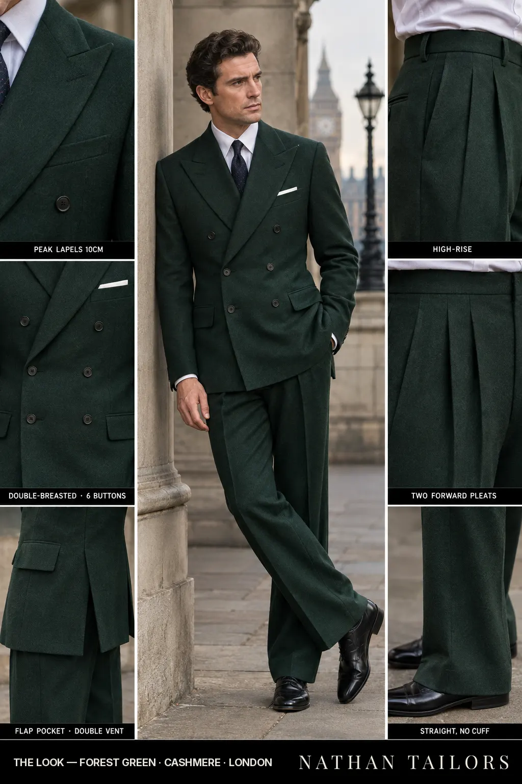 forest green double-breasted peak-lapel bespoke suit โ AI-rendered by Nathan Tailors, the Hoi An custom tailor. Available as a custom tailored suit from $149.