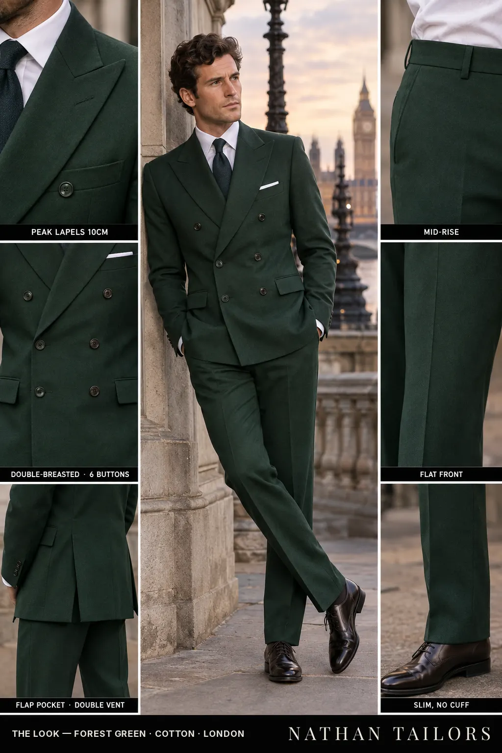 forest green double-breasted bespoke suit โ custom tailored by Nathan Tailors, the Hoi An custom tailor