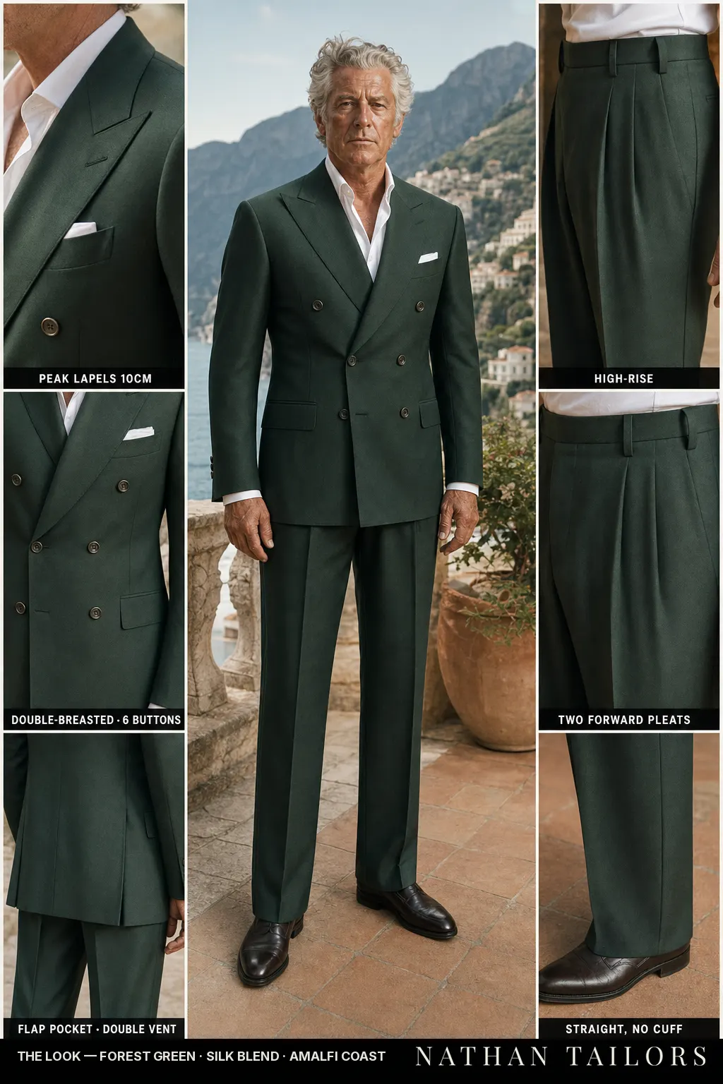 forest green double-breasted peak-lapel bespoke suit — AI-rendered by Nathan Tailors, the Hoi An custom tailor. Available as a custom tailored suit from $149.