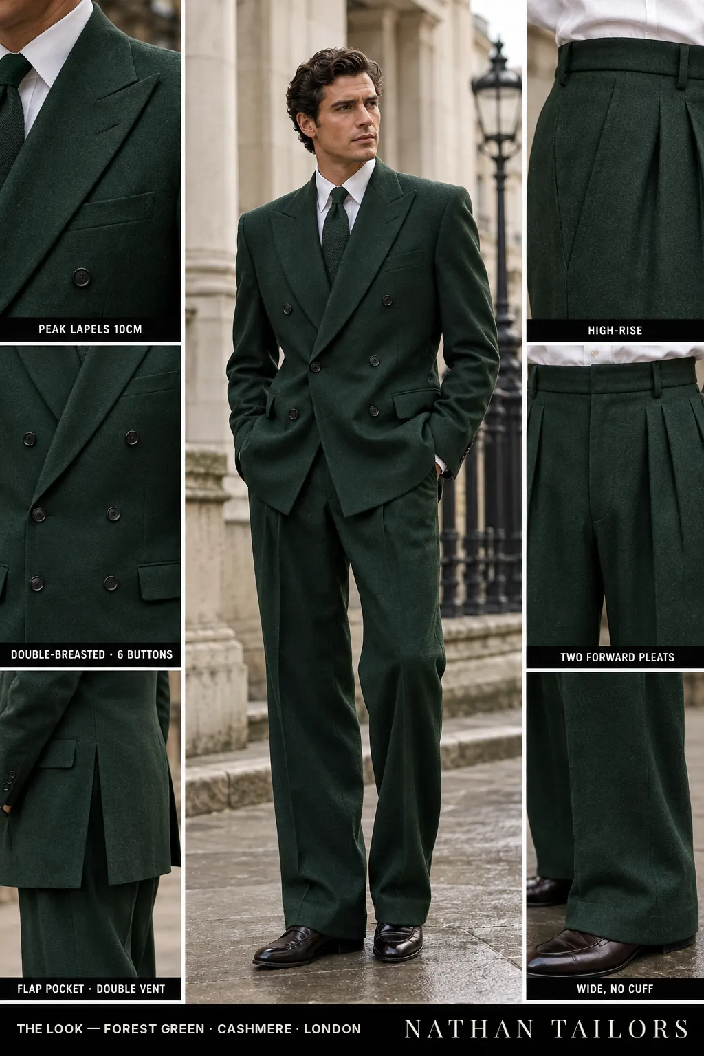 forest green double-breasted bespoke suit โ custom tailored by Nathan Tailors, the Hoi An custom tailor