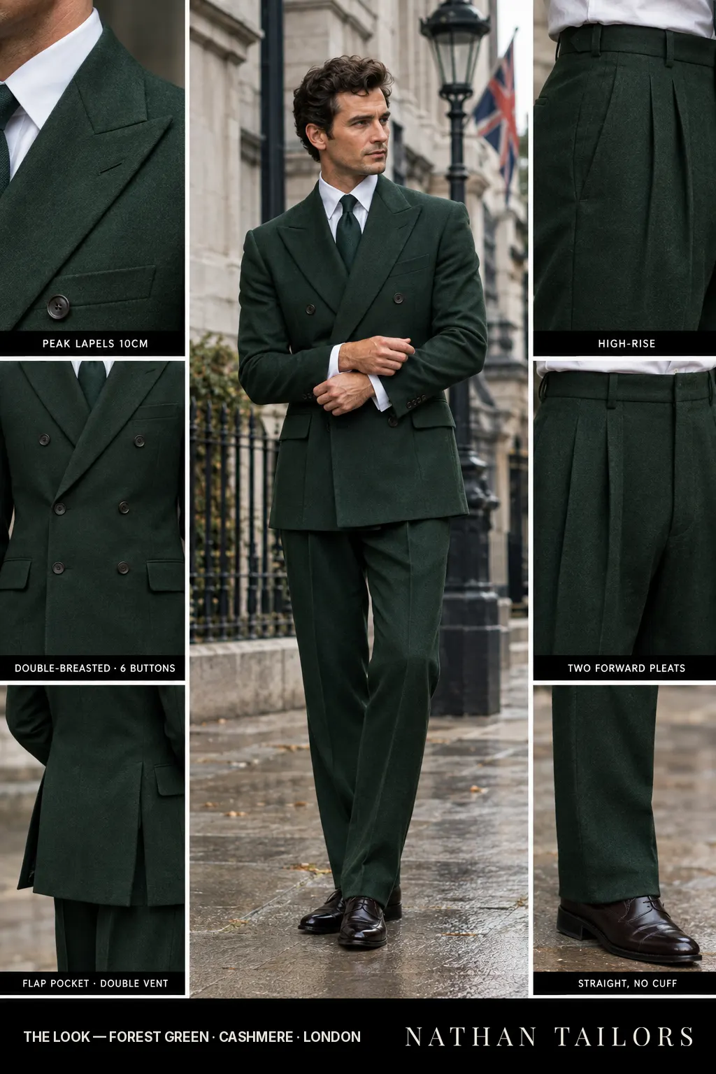 forest green double-breasted bespoke suit โ custom tailored by Nathan Tailors, the Hoi An custom tailor