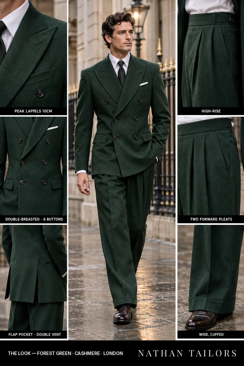 forest green double-breasted bespoke suit — custom tailored by Nathan Tailors, the Hoi An custom tailor