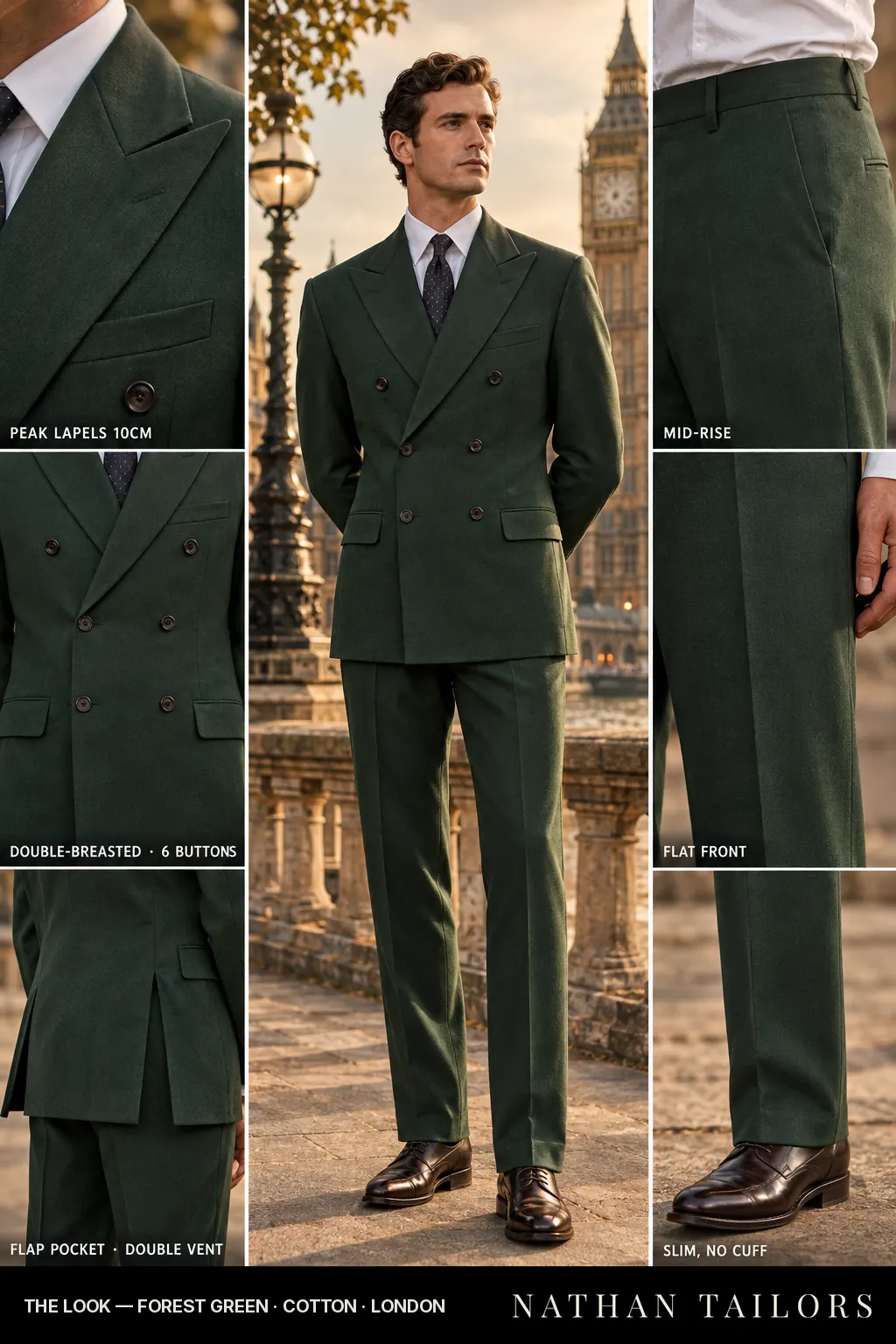 forest green double-breasted bespoke suit โ custom tailored by Nathan Tailors, the Hoi An custom tailor
