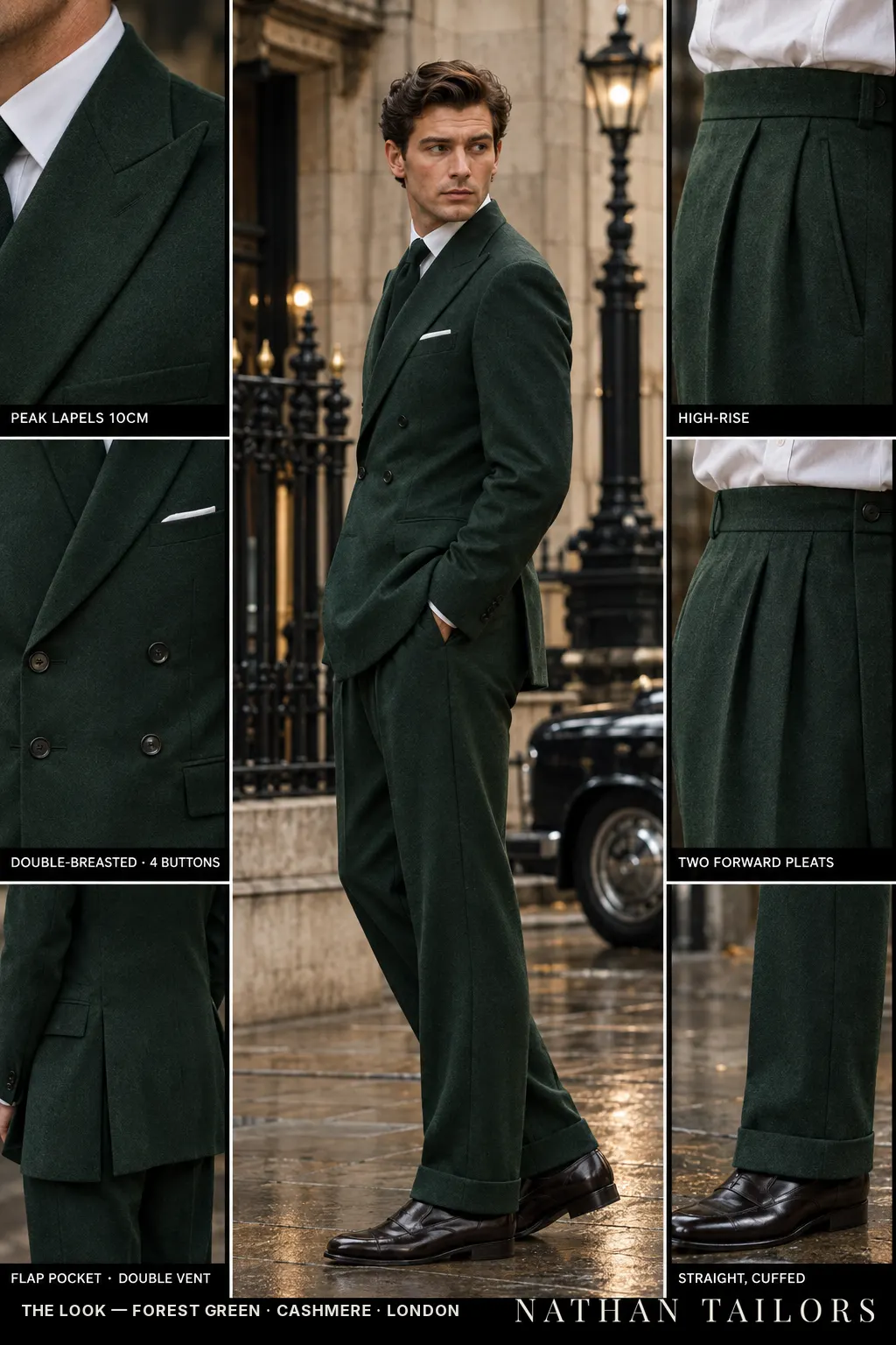 forest green double-breasted peak-lapel bespoke suit โ AI-rendered by Nathan Tailors, the Hoi An custom tailor. Available as a custom tailored suit from $149.