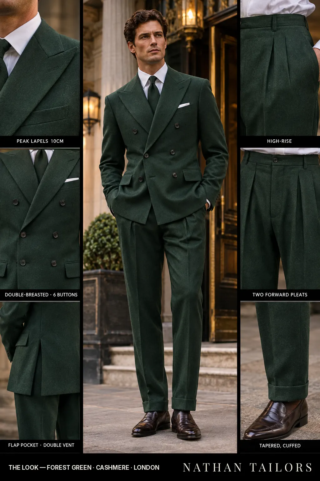 forest green double-breasted peak-lapel bespoke suit โ AI-rendered by Nathan Tailors, the Hoi An custom tailor. Available as a custom tailored suit from $149.