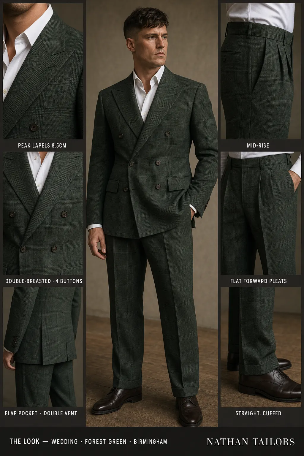 forest green glen plaid double-breasted peak-lapel bespoke suit โ AI-rendered by Nathan Tailors, the Hoi An custom tailor. Available as a custom tailored suit from $149.