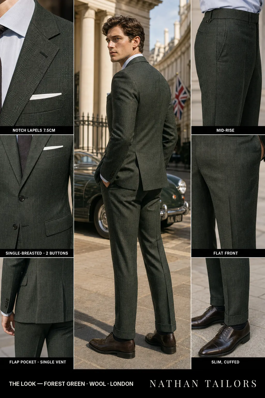 forest green glen plaid single-breasted notch-lapel bespoke suit — AI-rendered by Nathan Tailors, the Hoi An custom tailor. Available as a custom tailored suit from $149.