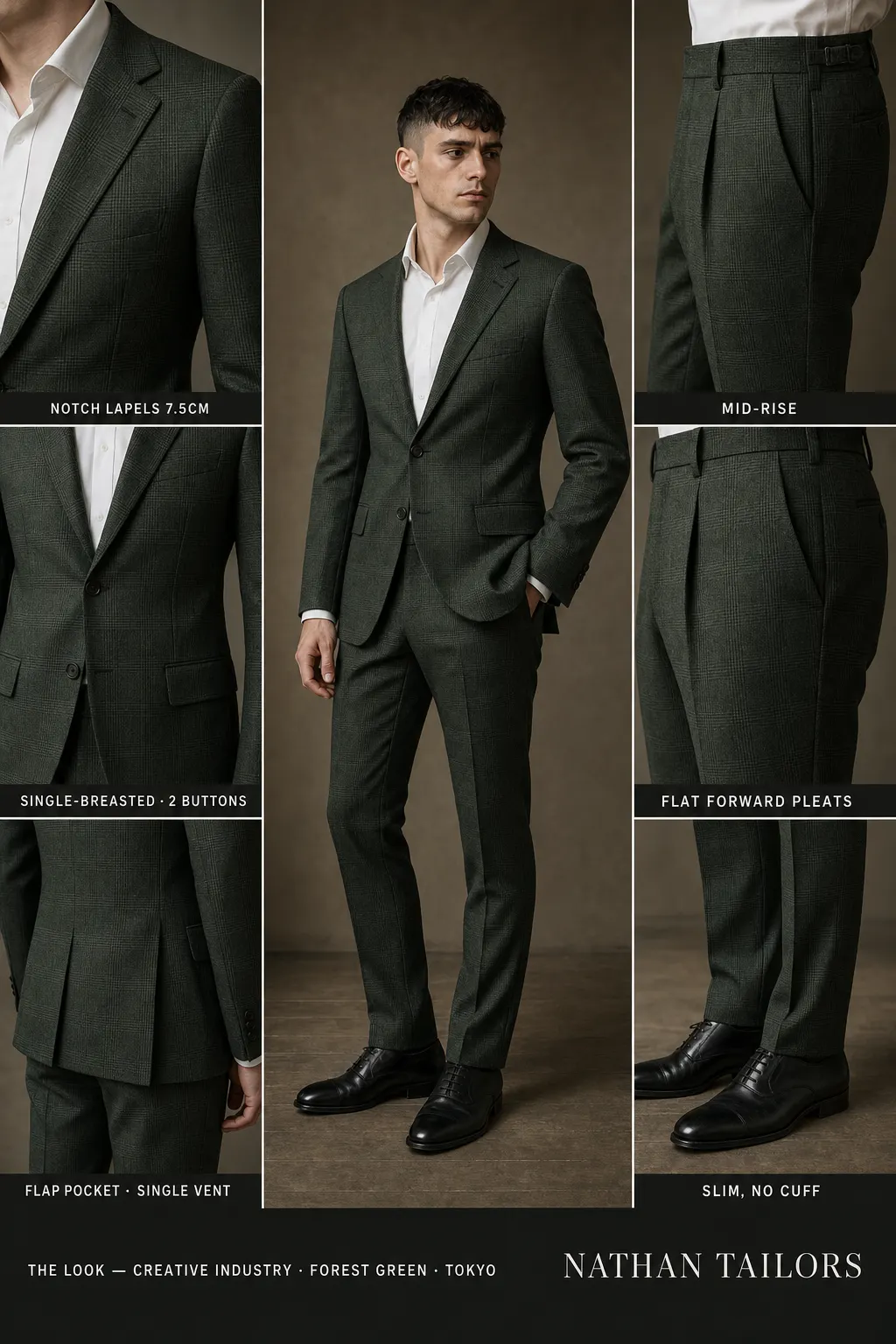 forest green glen plaid single-breasted notch-lapel bespoke suit — AI-rendered by Nathan Tailors, the Hoi An custom tailor. Available as a custom tailored suit from $149.