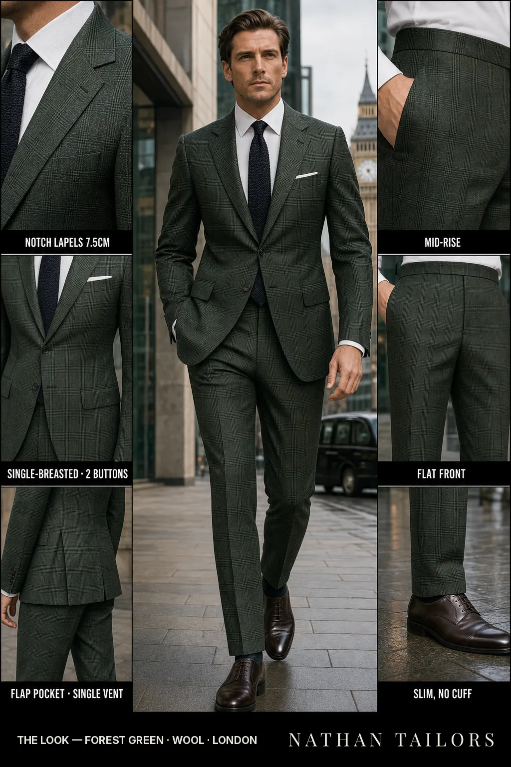 forest green glen plaid single-breasted notch-lapel bespoke suit — AI-rendered by Nathan Tailors, the Hoi An custom tailor. Available as a custom tailored suit from $149.