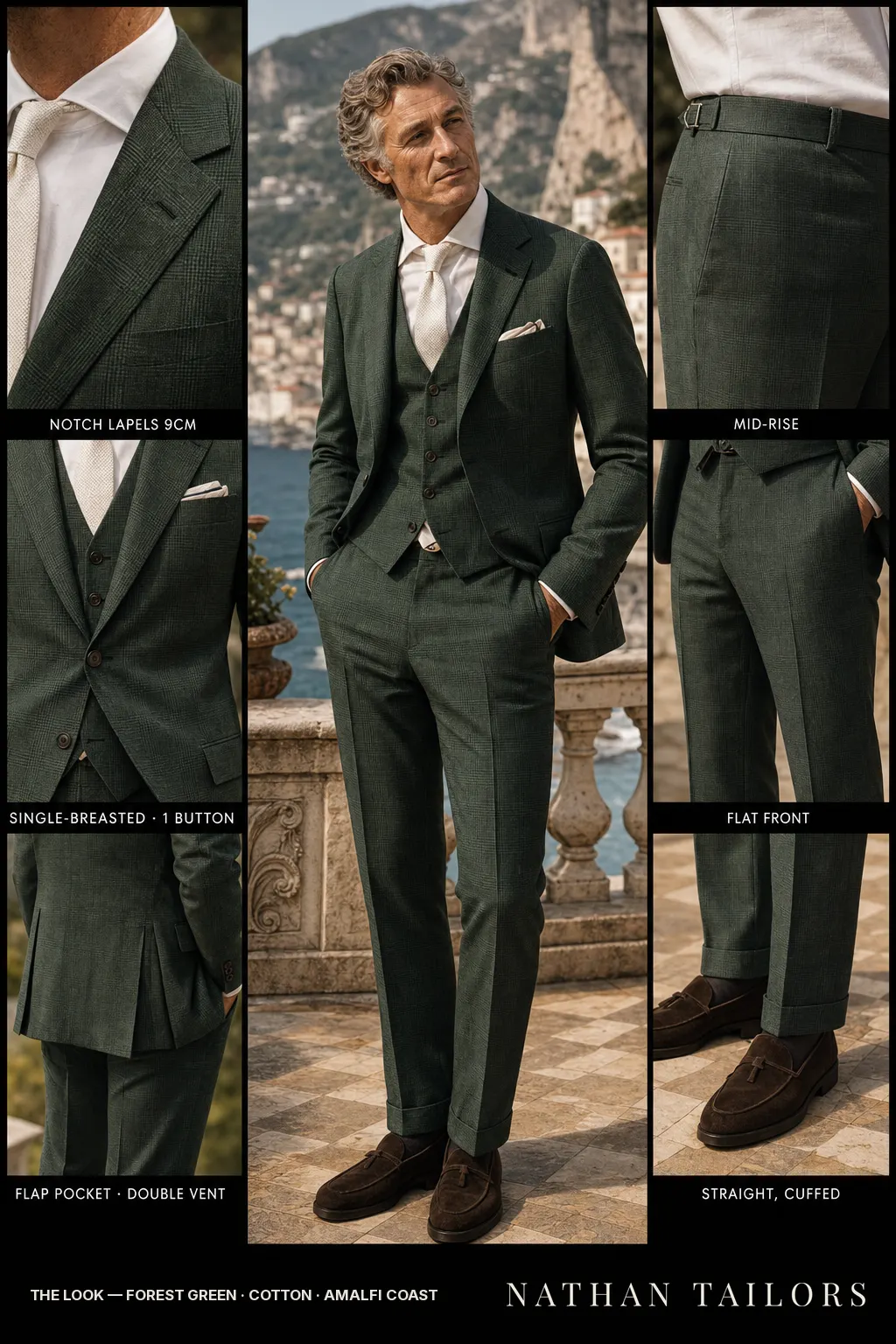 forest green glen plaid single-breasted notch-lapel bespoke suit — AI-rendered by Nathan Tailors, the Hoi An custom tailor. Available as a custom tailored suit from $149.
