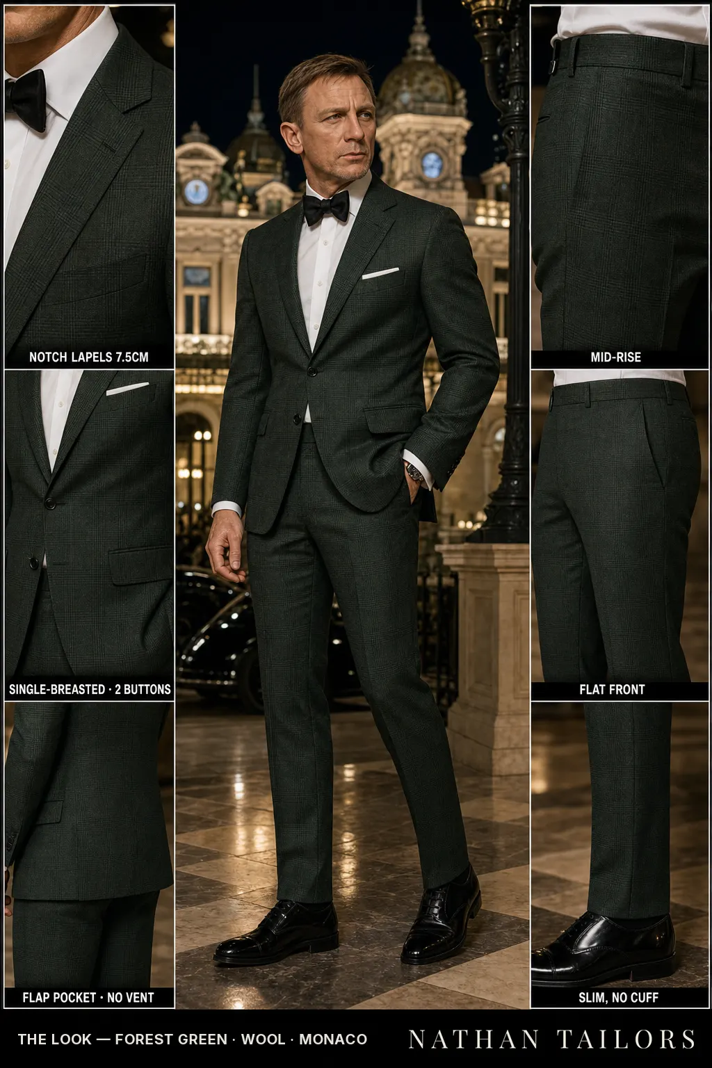 forest green glen plaid single-breasted notch-lapel bespoke suit — AI-rendered by Nathan Tailors, the Hoi An custom tailor. Available as a custom tailored suit from $149.