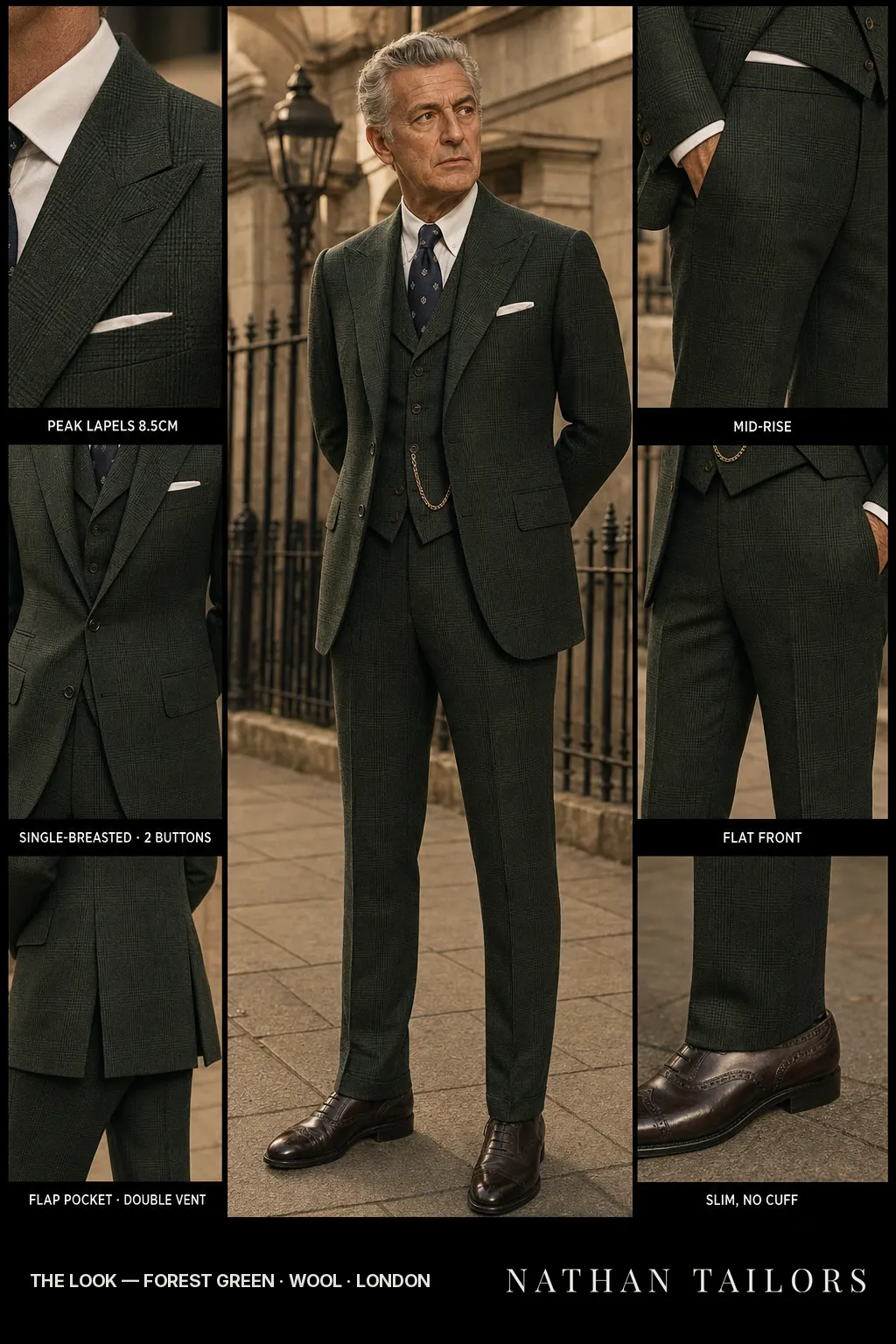 forest green glen plaid single-breasted peak-lapel bespoke suit — AI-rendered by Nathan Tailors, the Hoi An custom tailor. Available as a custom tailored suit from $169.