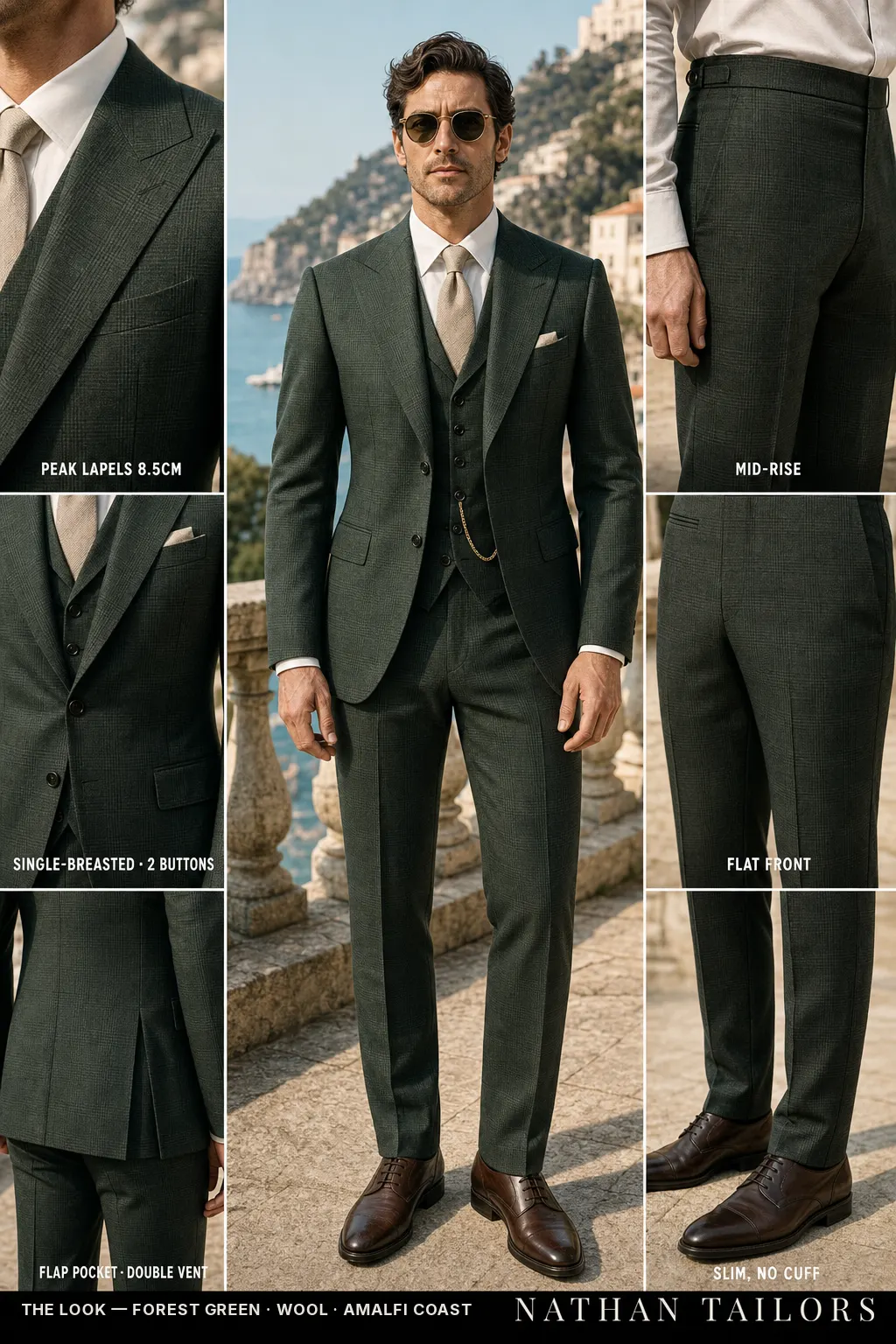 forest green glen plaid single-breasted peak-lapel bespoke suit โ AI-rendered by Nathan Tailors, the Hoi An custom tailor. Available as a custom tailored suit from $149.