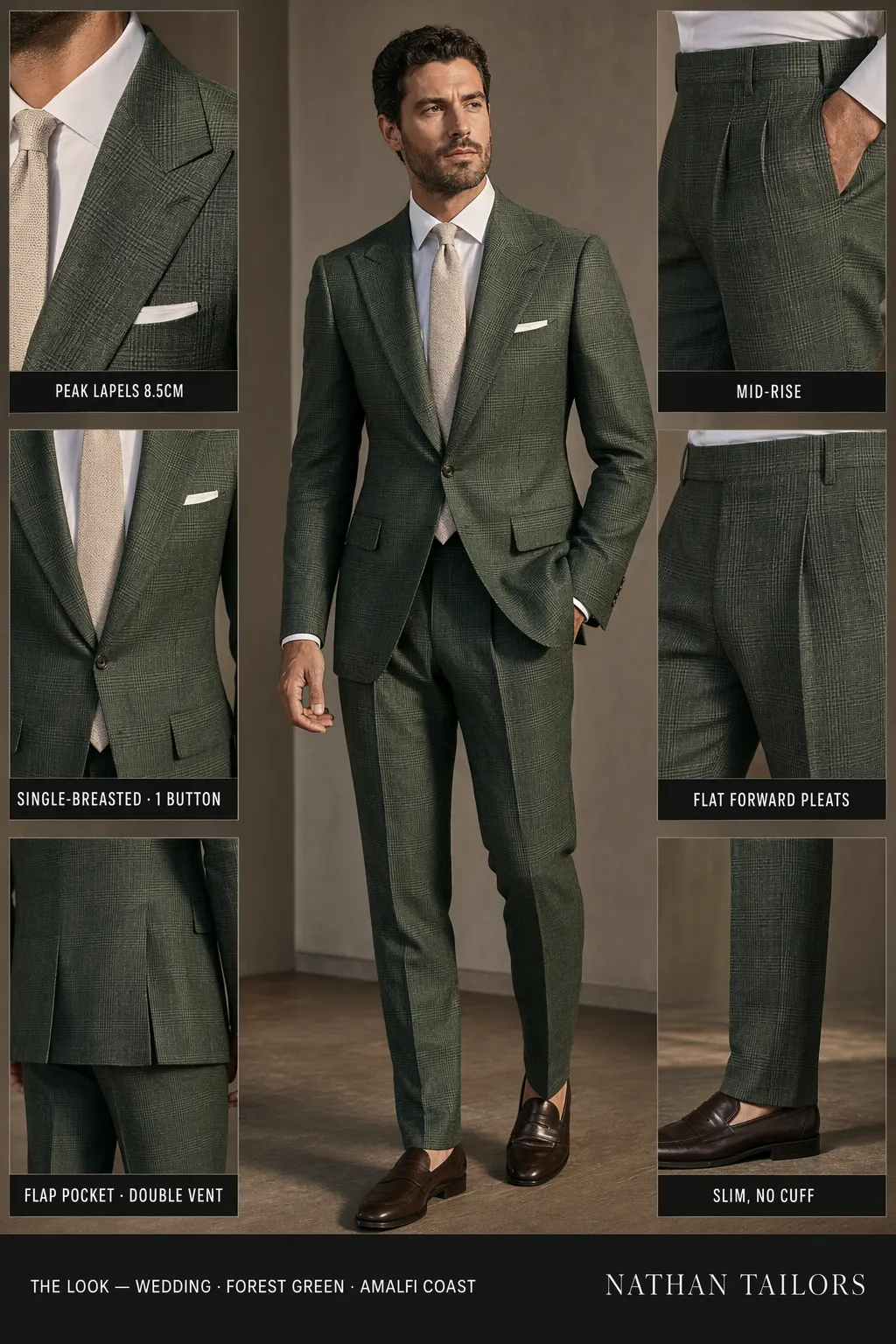 forest green glen plaid single-breasted peak-lapel bespoke suit — AI-rendered by Nathan Tailors, the Hoi An custom tailor. Available as a custom tailored suit from $169.