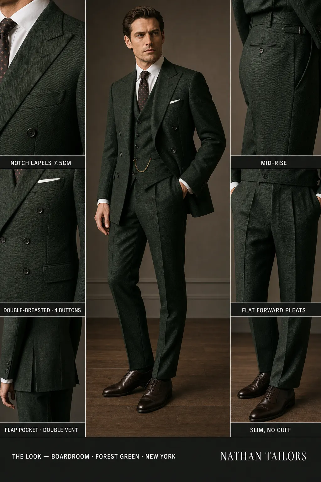 forest green herringbone double-breasted notch-lapel bespoke suit โ AI-rendered by Nathan Tailors, the Hoi An custom tailor. Available as a custom tailored suit from $149.