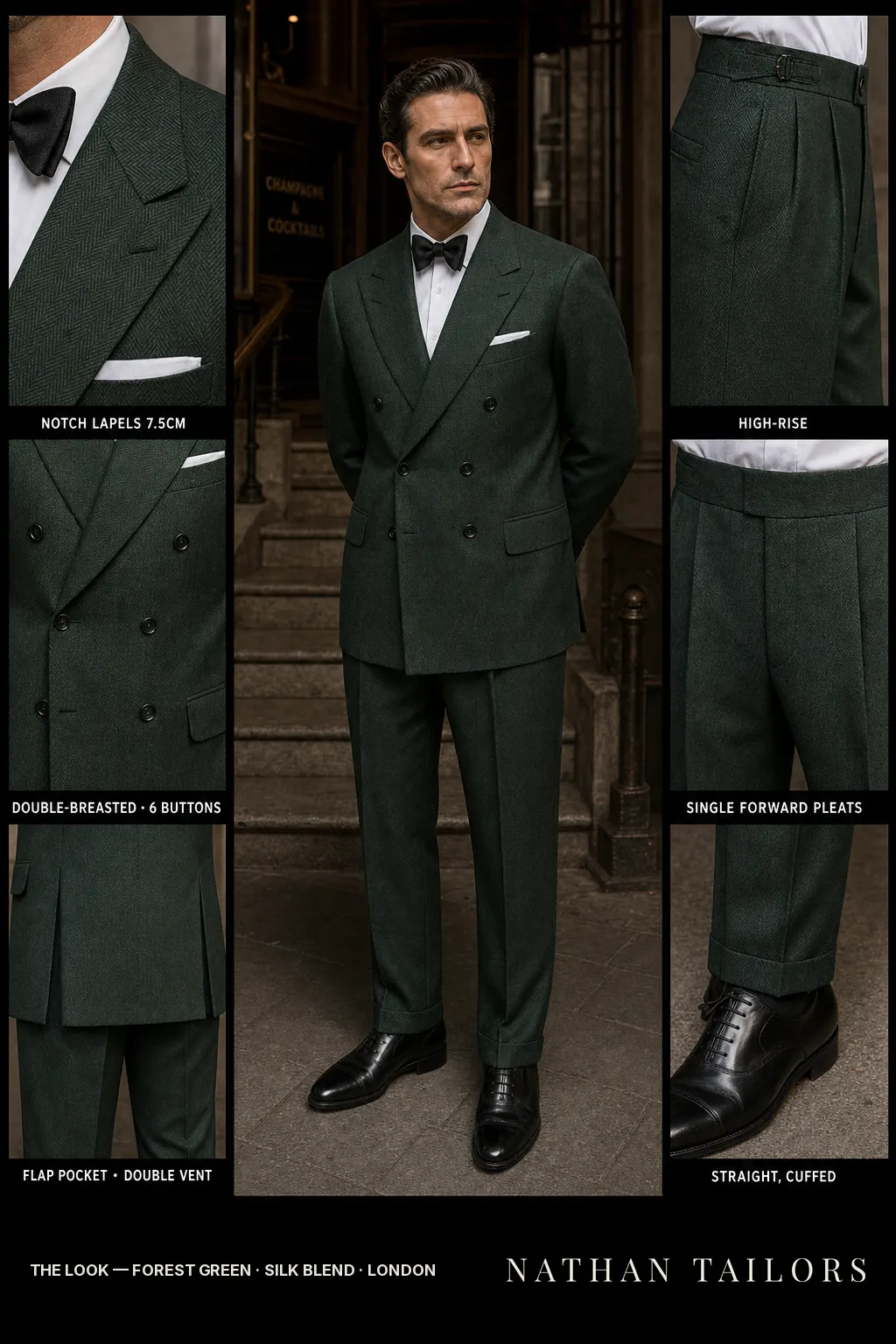 forest green herringbone double-breasted notch-lapel bespoke suit — AI-rendered by Nathan Tailors, the Hoi An custom tailor. Available as a custom tailored suit from $149.