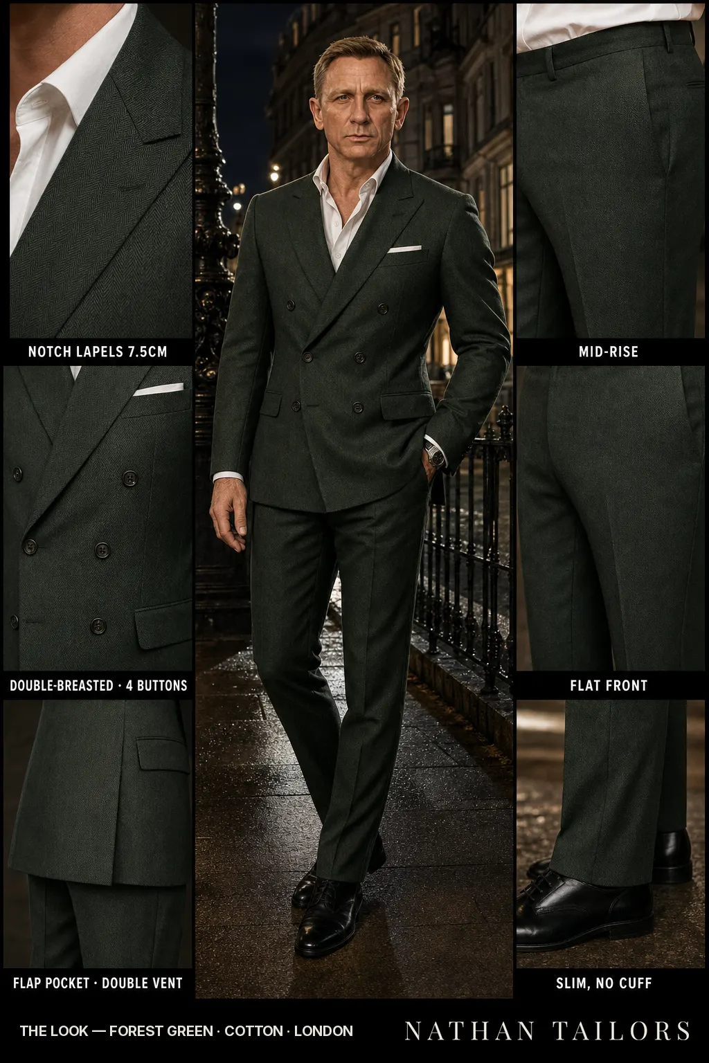 forest green herringbone double-breasted notch-lapel bespoke suit — AI-rendered by Nathan Tailors, the Hoi An custom tailor. Available as a custom tailored suit from $149.