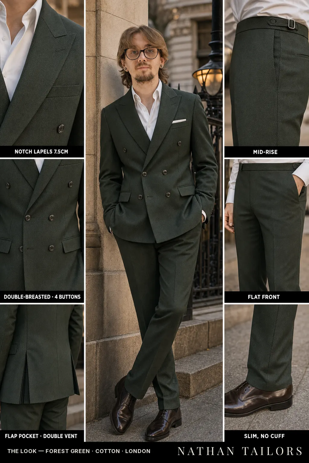 forest green herringbone double-breasted notch-lapel bespoke suit — AI-rendered by Nathan Tailors, the Hoi An custom tailor. Available as a custom tailored suit from $149.