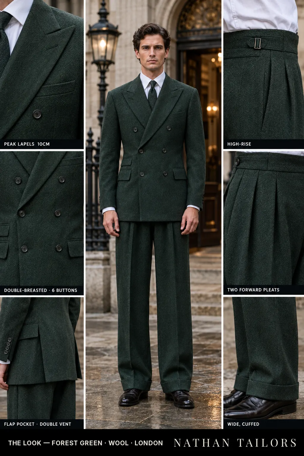 forest green herringbone double-breasted bespoke suit โ custom tailored by Nathan Tailors, the Hoi An custom tailor
