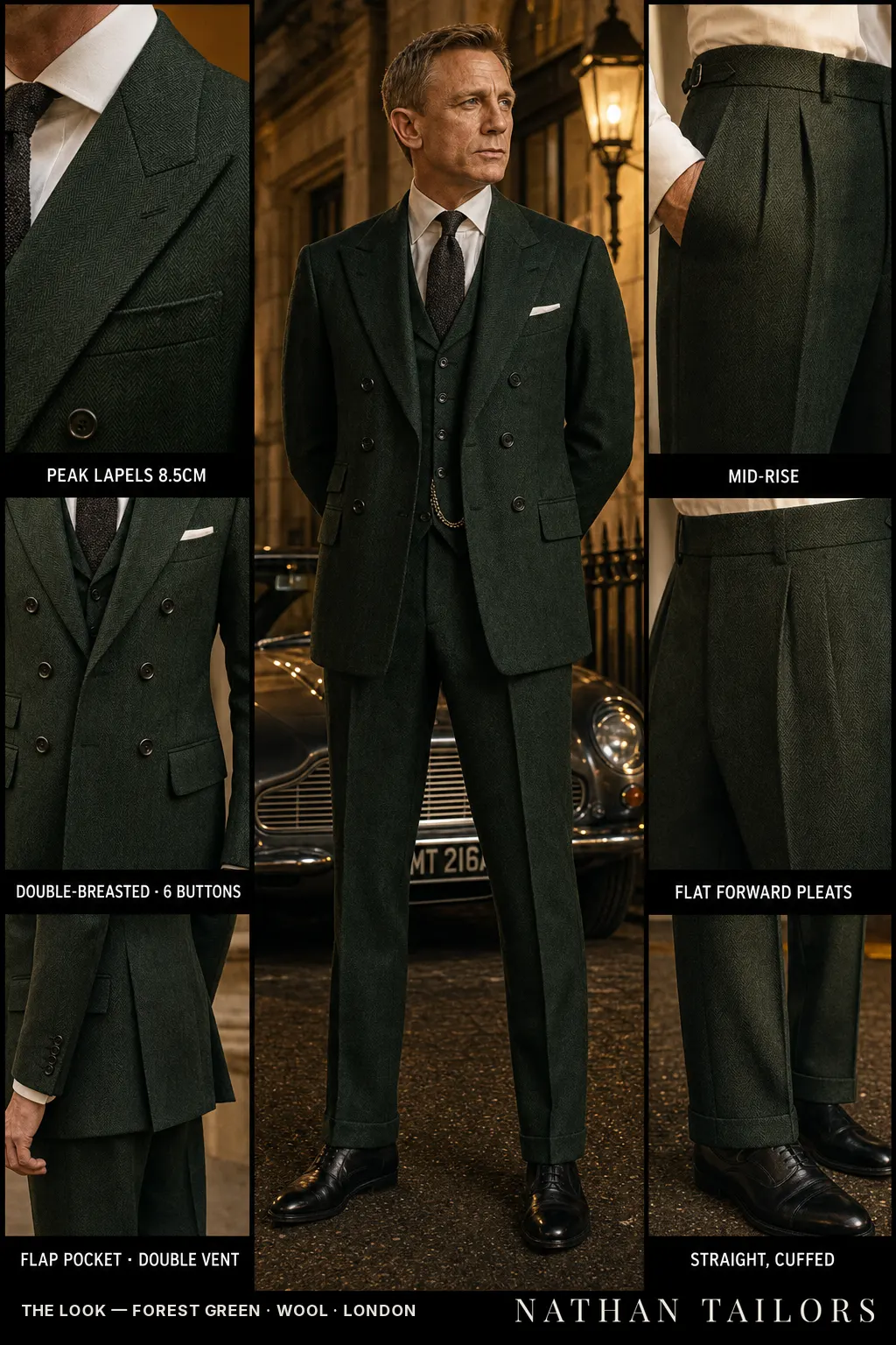 forest green herringbone double-breasted peak-lapel bespoke suit — AI-rendered by Nathan Tailors, the Hoi An custom tailor. Available as a custom tailored suit from $149.